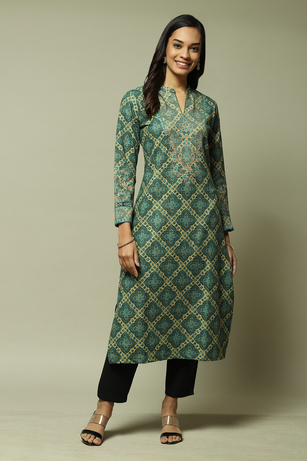 Green Acrylic Straight Printed Kurta image number 1