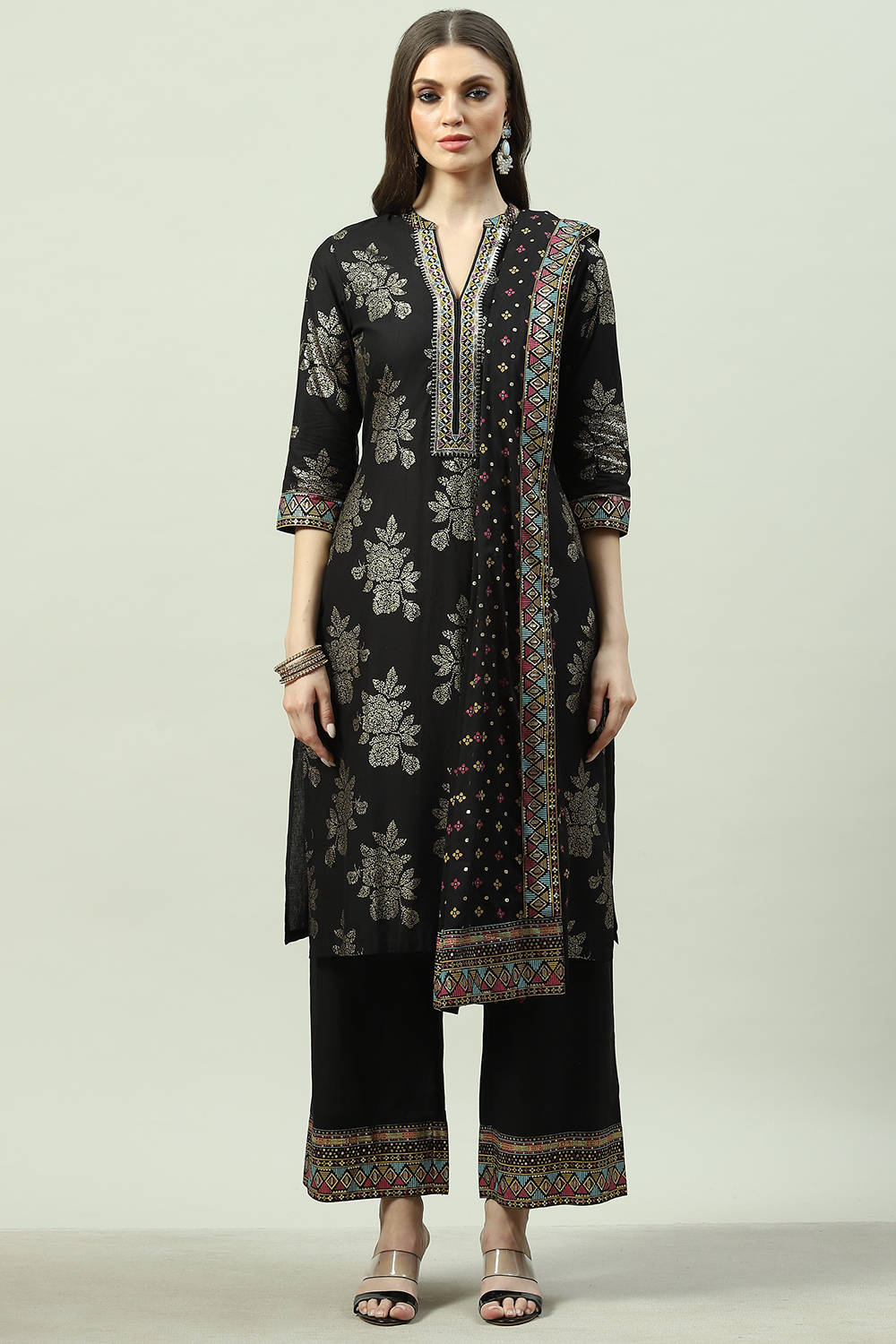 Black Cotton Straight Kurta Palazzo Suit Set image number 8