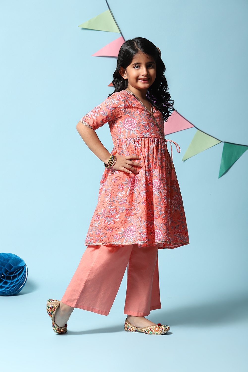 Peach Cotton Straight Printed Kurta Set image number 5