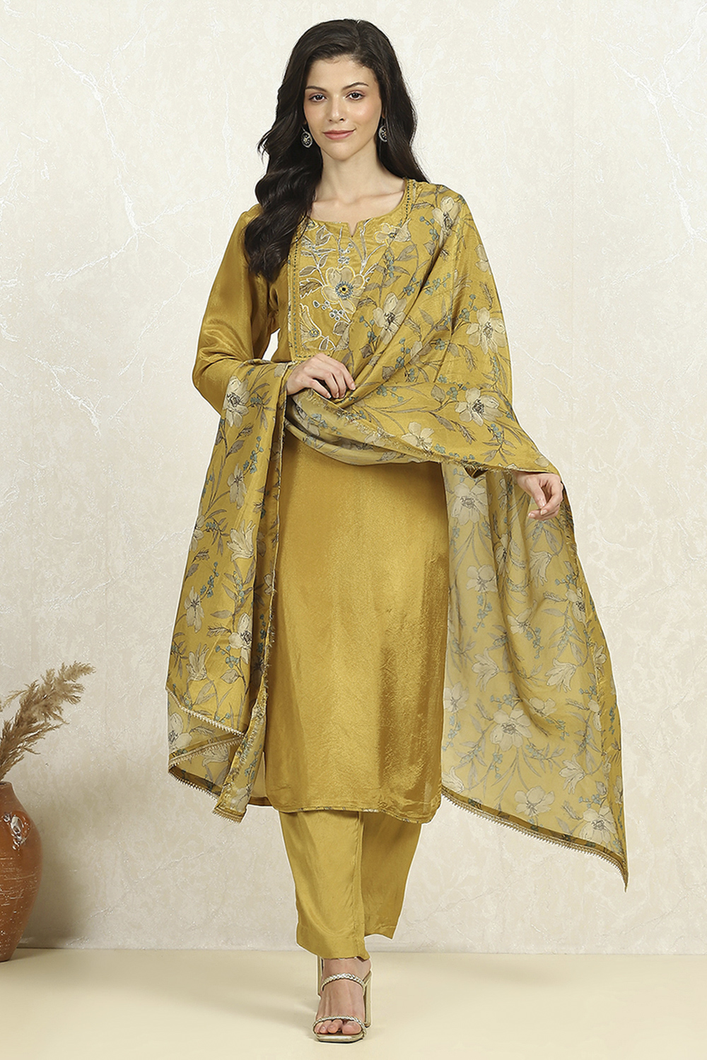 Lime Green Cotton Unstitched Suit Set image number 1