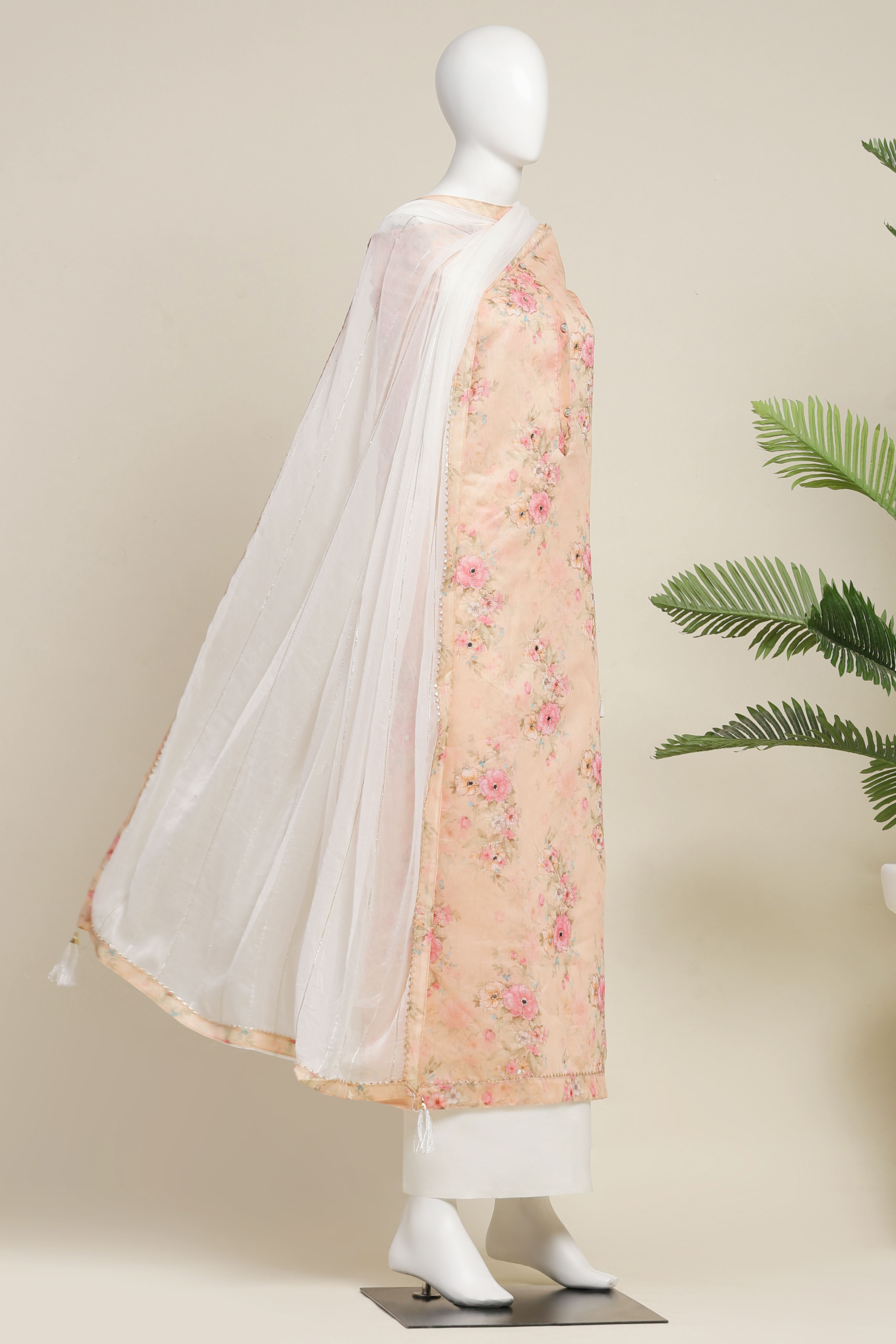Peach Chanderi  Printed Unstitched Suit Set image number 5