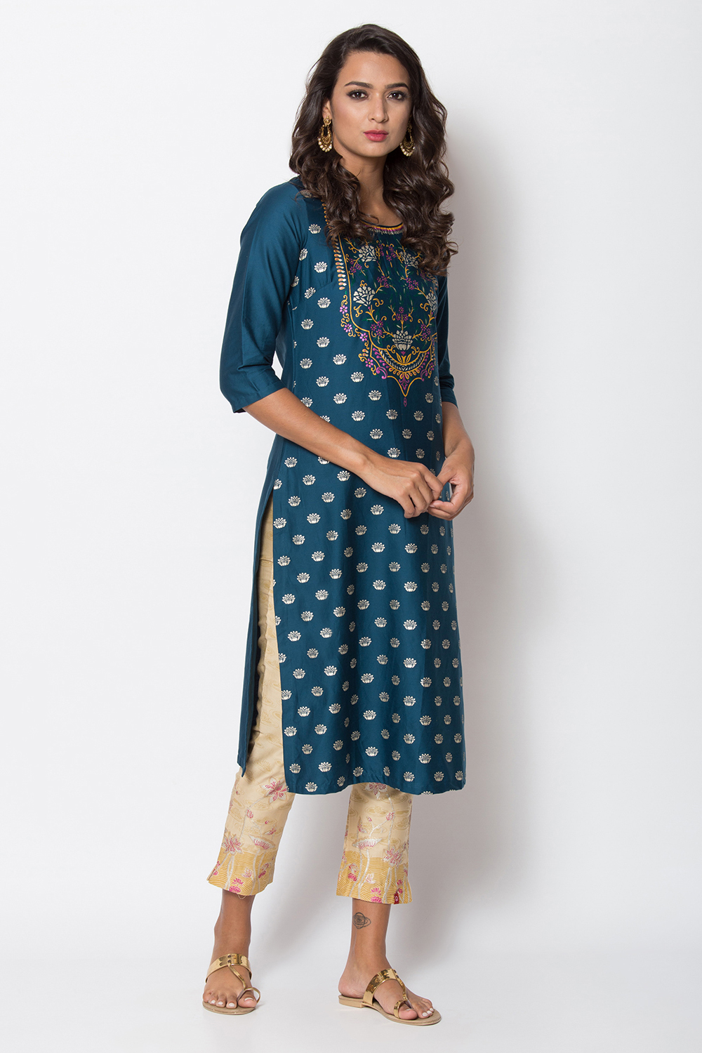Navy Blue Cotton Straight Printed Kurta image number 3