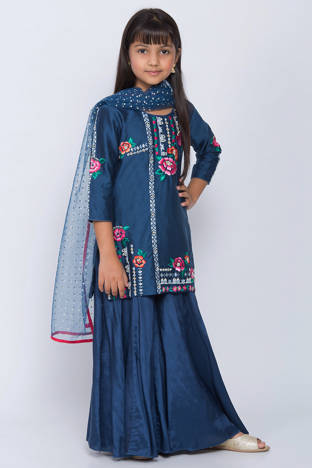 Blue Cotton Silk Straight Kurta Sharara Suit Set image number 2