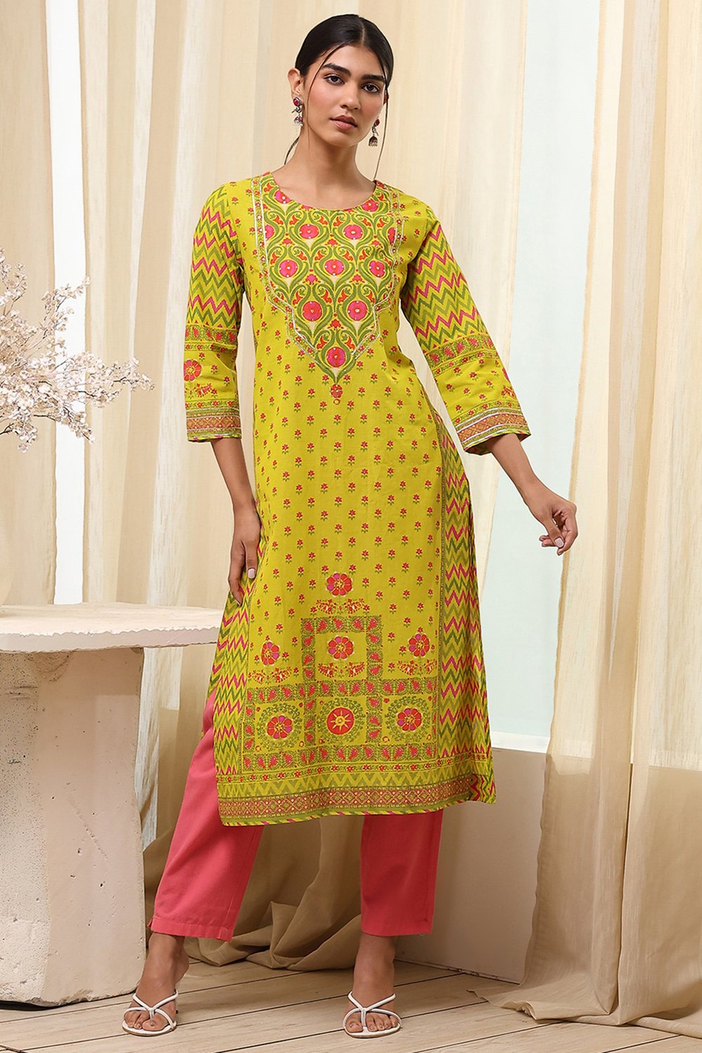 Green Cotton Straight Printed Kurta image number 5