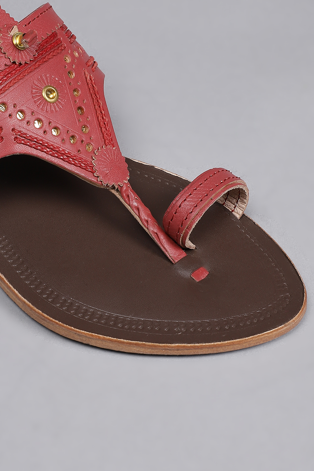 Cherry Red & Dark Brown Leather Kolhapuri Sandals image number 1