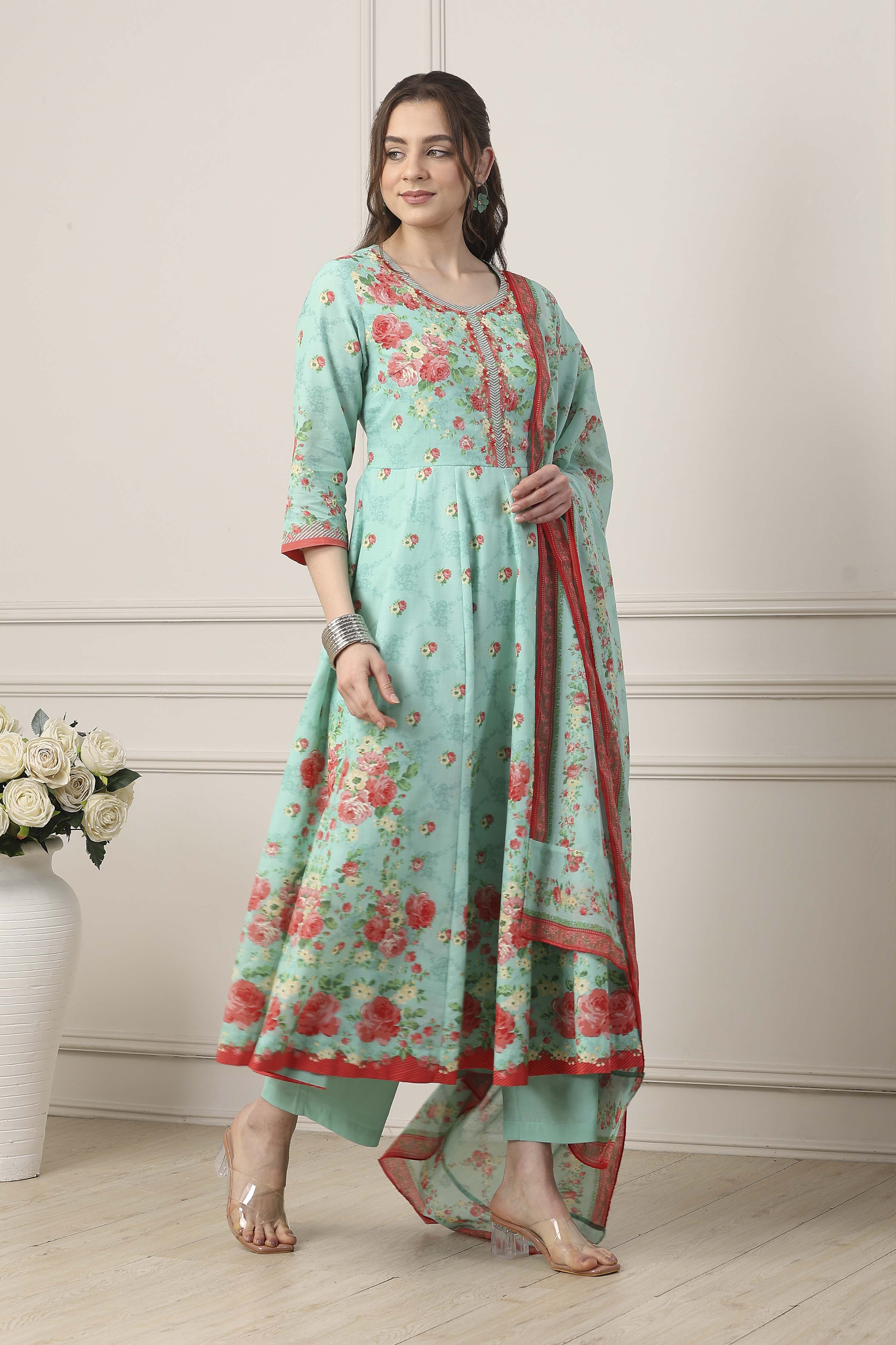 Blue Cotton All-Over Floral Kalidar Suit Set image number 5