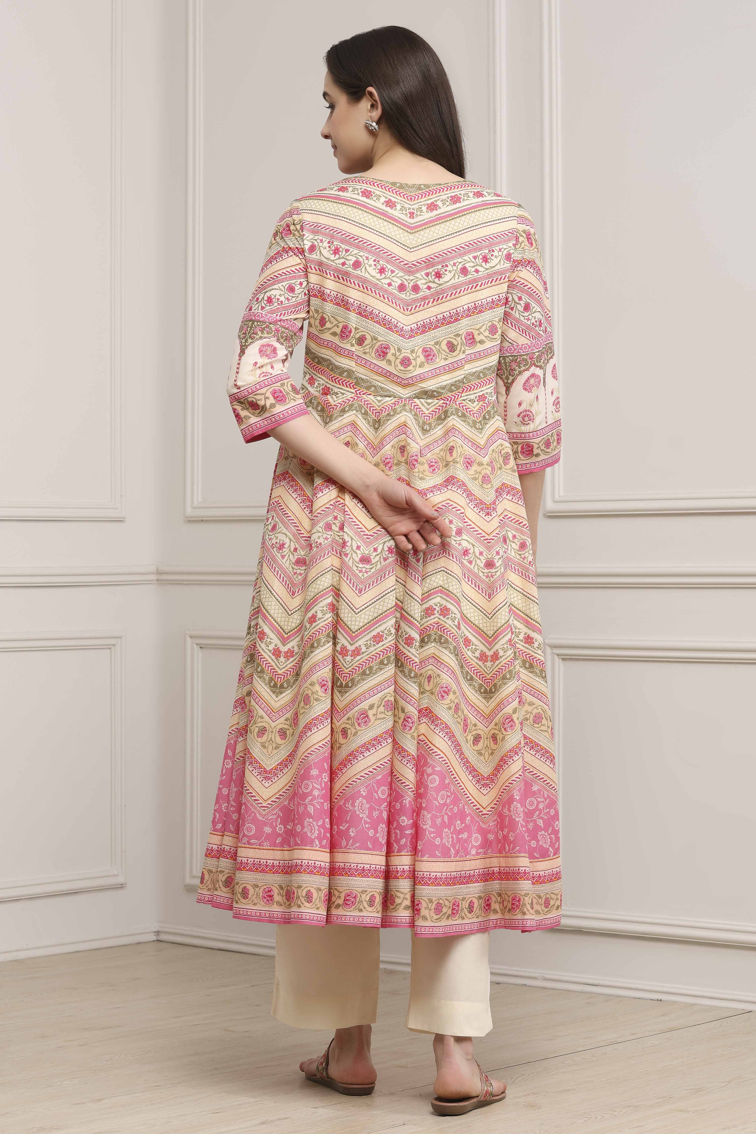 Pink Cotton Printed Anarkali Suit Set image number 4