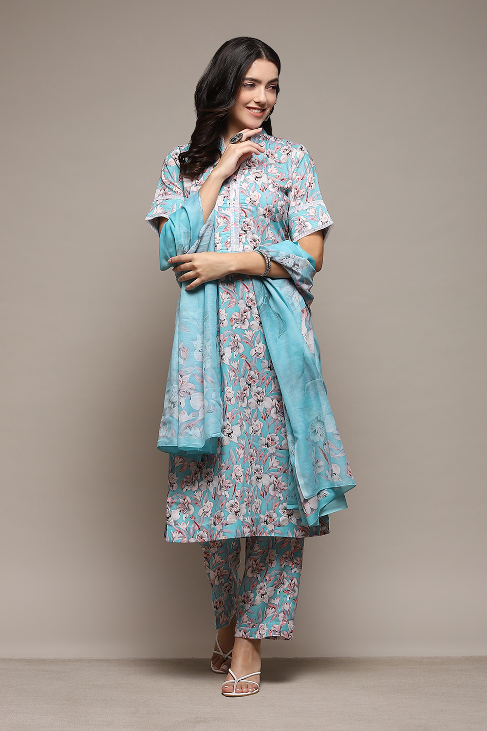 Light Blue Cotton Blend Digital Print Unstitched Suit Set image number 8