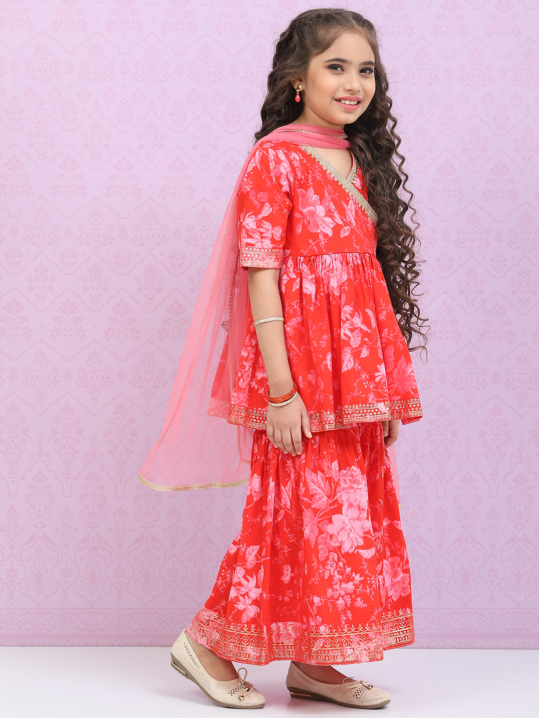 Coral Red Cotton Straight  Kurta Palazzo Suit Set image number 6