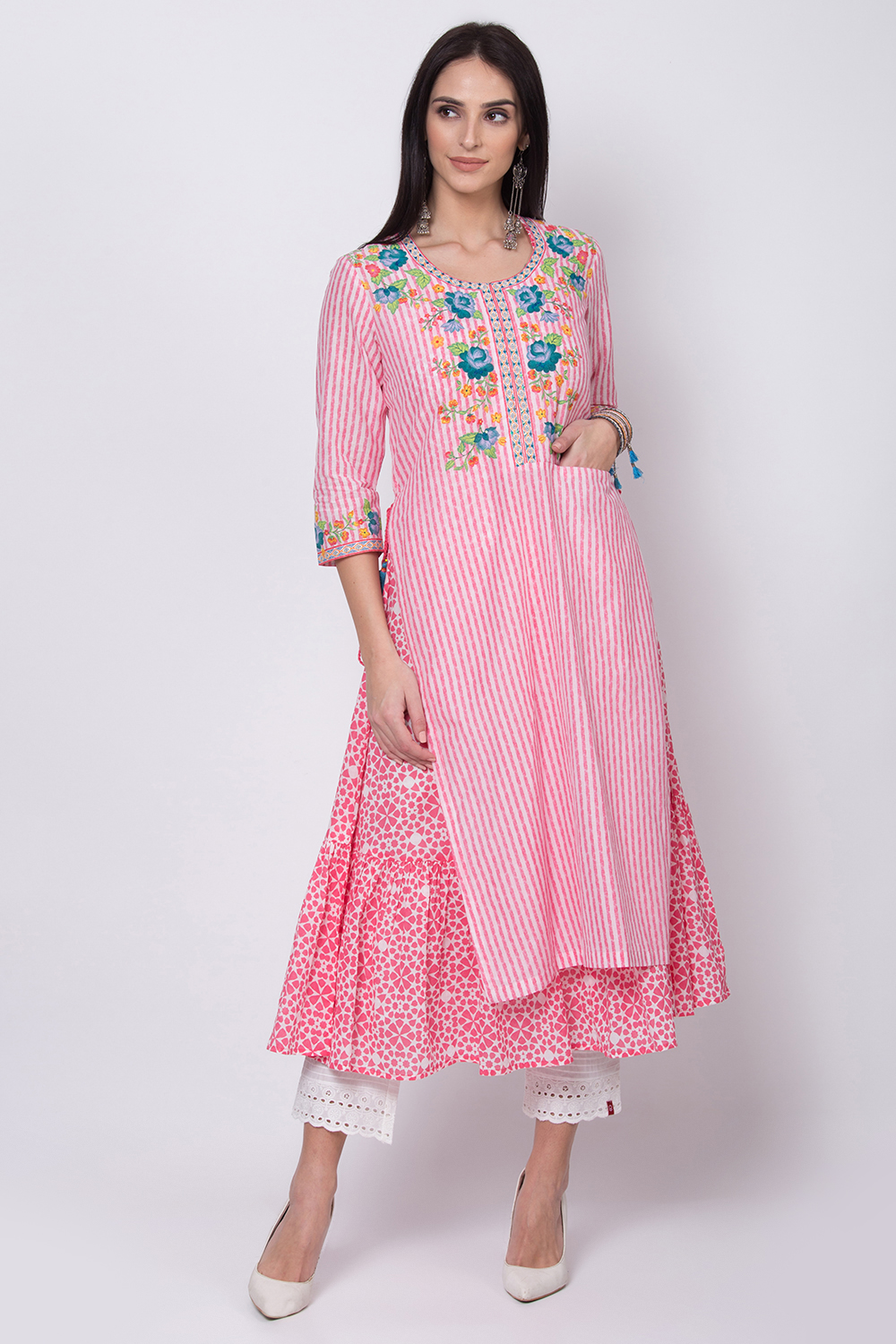 Pink Cotton Flared Printed Kurta image number 0