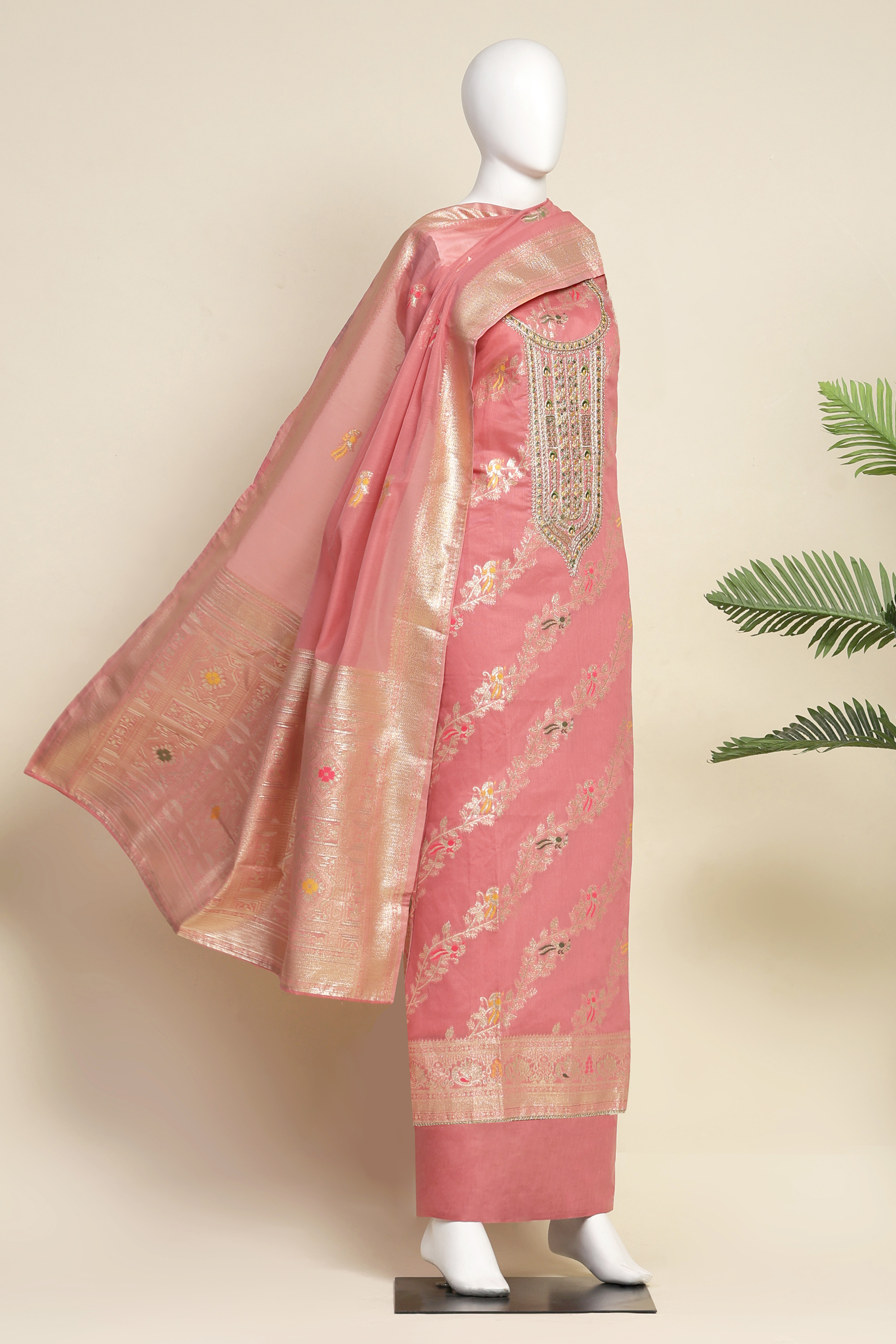 Pink Tissue Chanderi Embroidered Unstitched Suit Set image number 4
