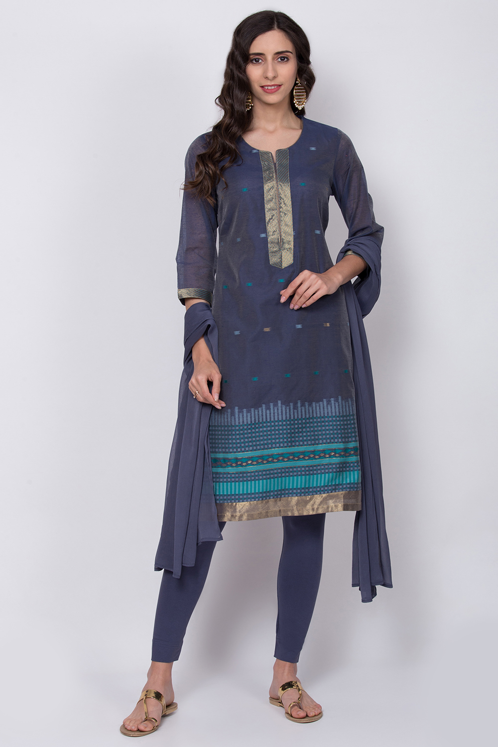Navy Blue Poly Metallic Cotton Straight Suit Set image number 0