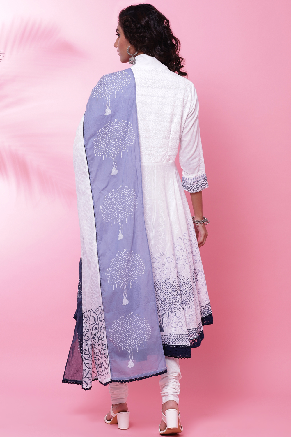 White and Blue Cotton Anarkali Kurta Churidar Suit Set image number 4