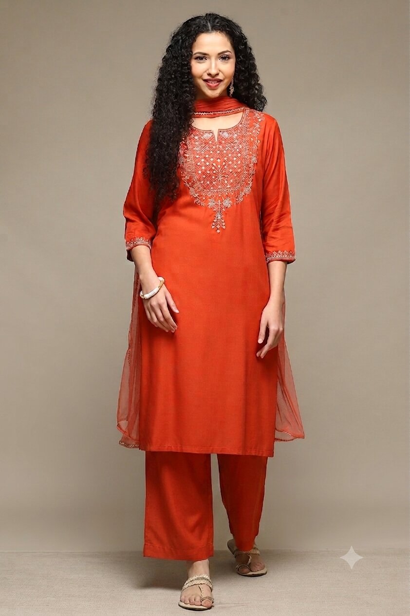 Burnt Orange Rayon Straight Kurta Pants Suit Set image number 7