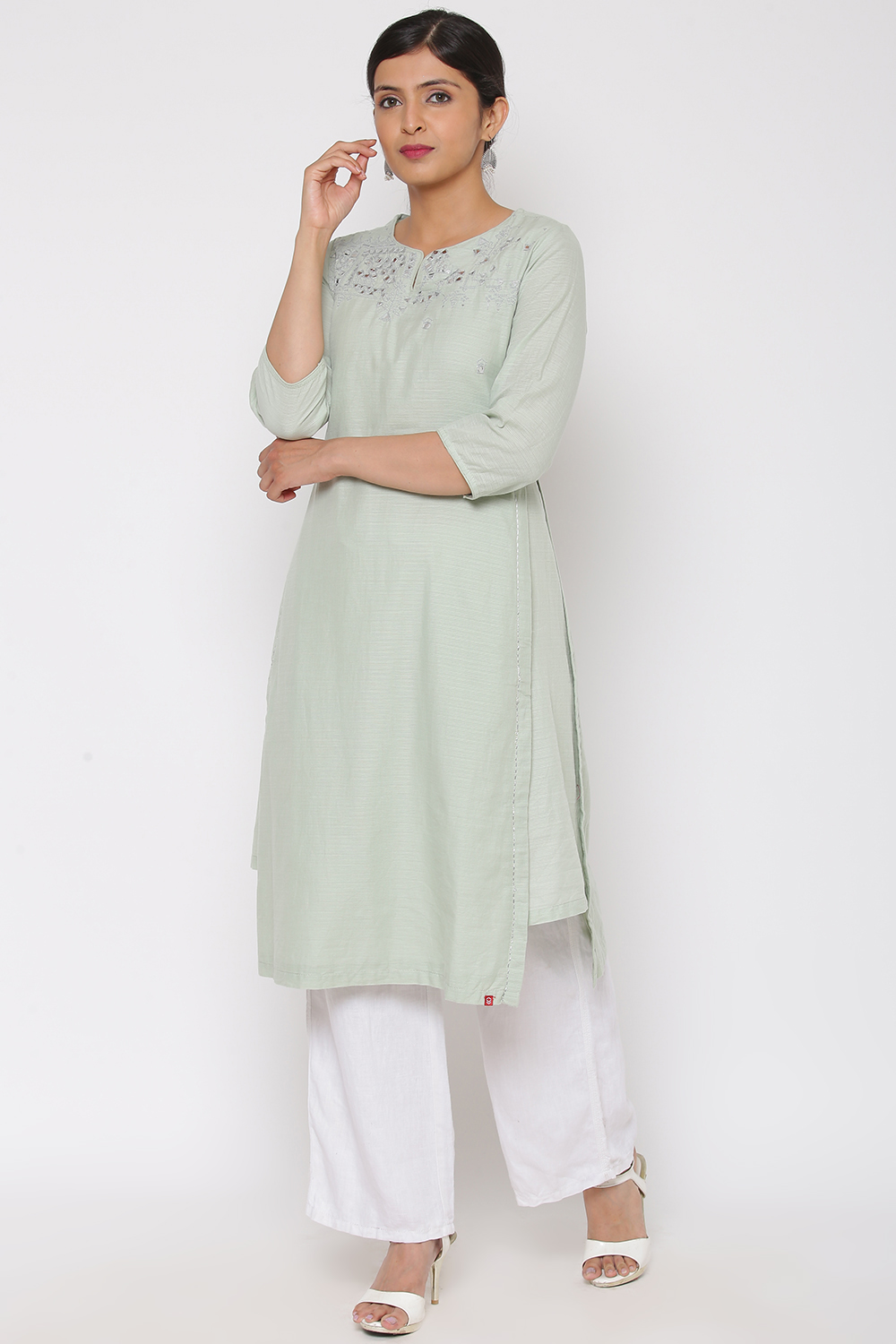 Mint Green Cotton Straight Kurta image number 3