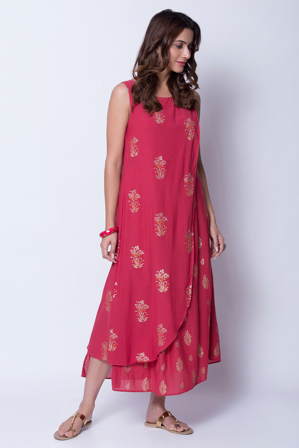 Coral Asymmetric Cotton And Viscose Printed Dress image number 2