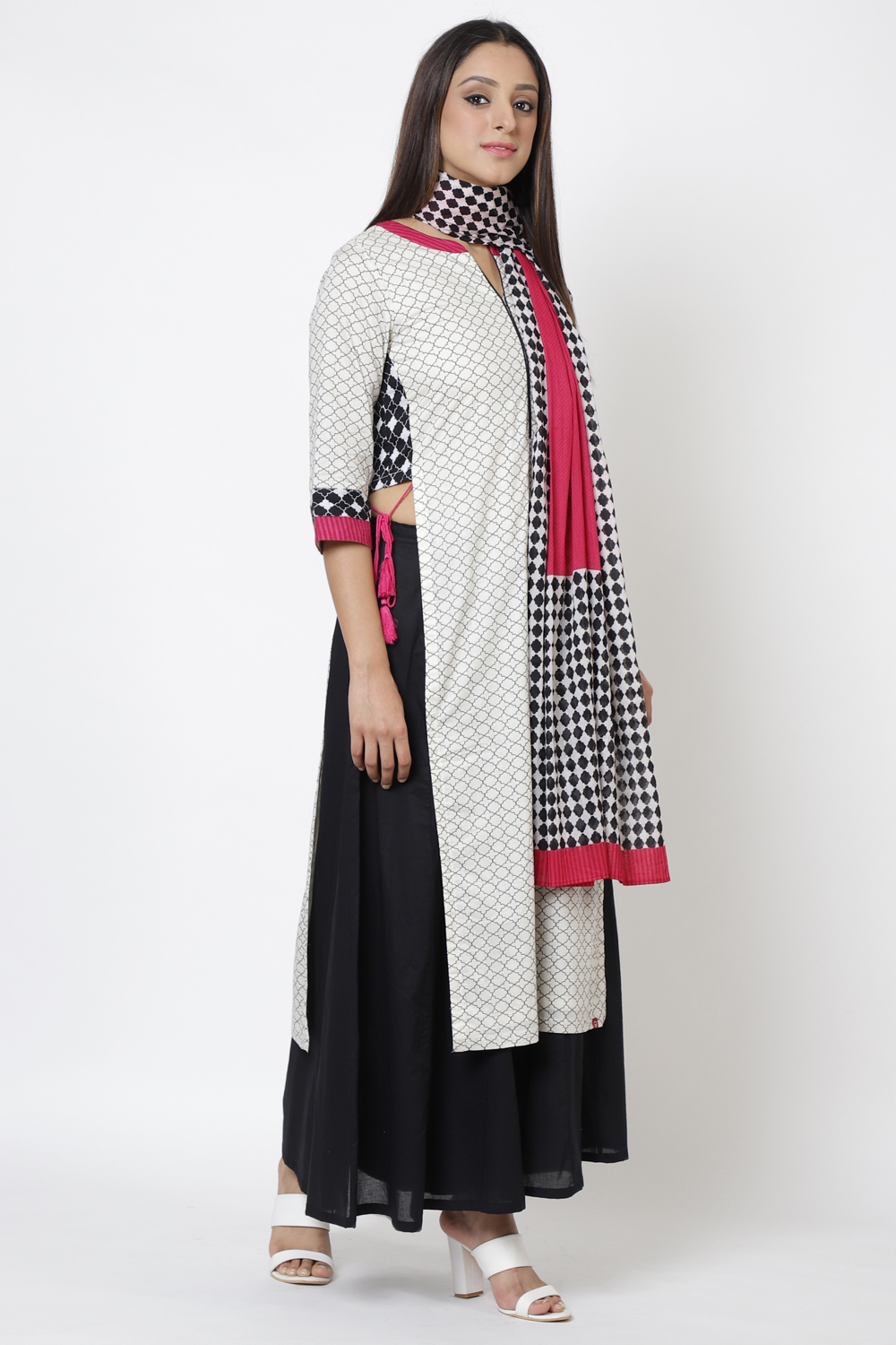 Off White Cotton Straight Kurta Sharara Suit Set image number 2