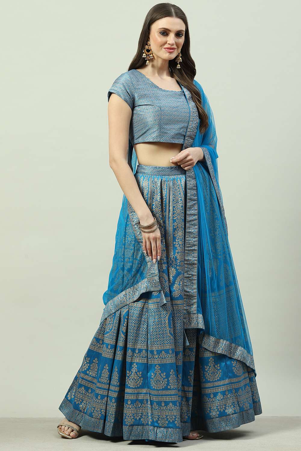 Turquoise Art Silk Straight Kurta Lehenga Suit Set image number 3