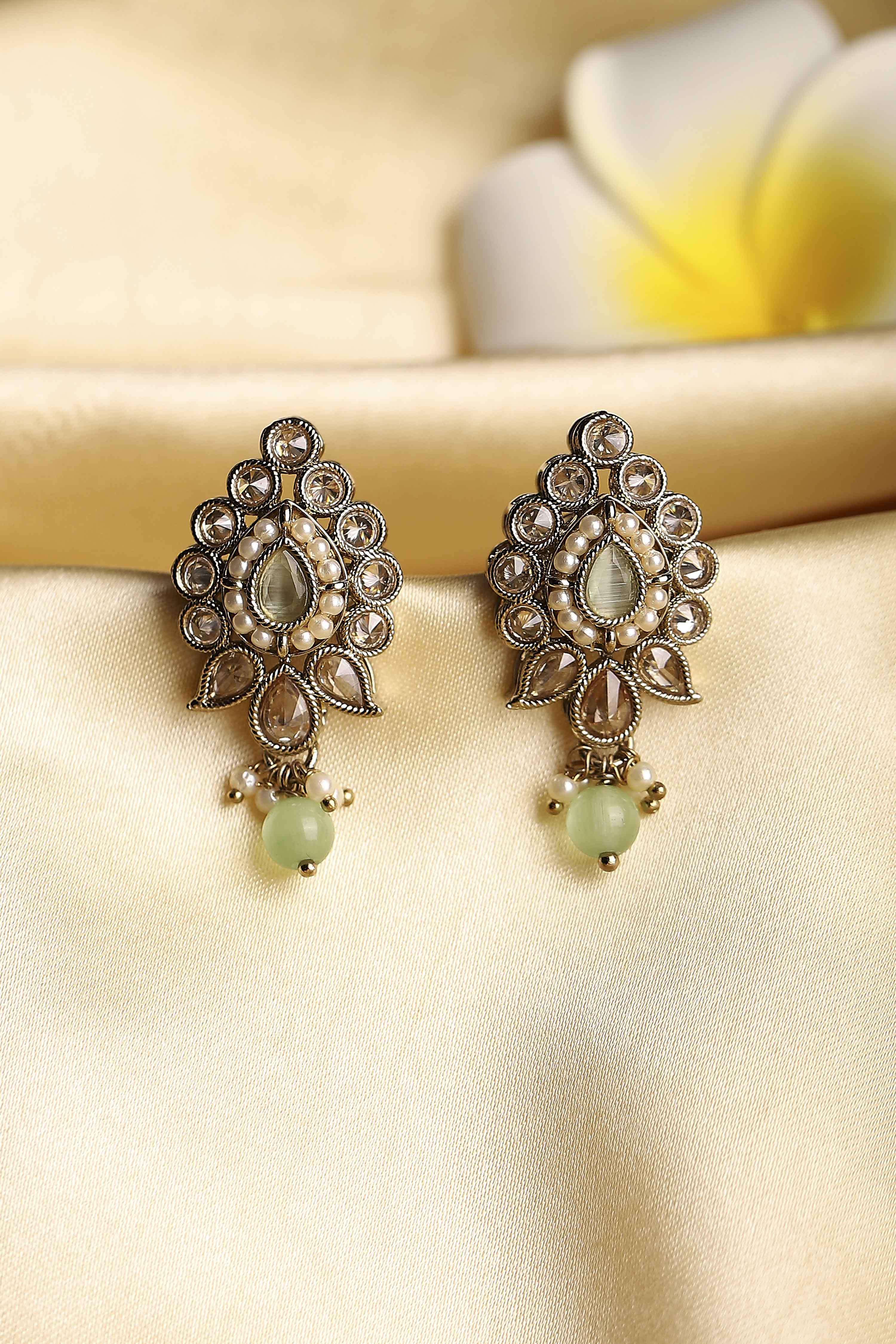 Green Gold Plated Alloy Studded Drop Earrings image number 0