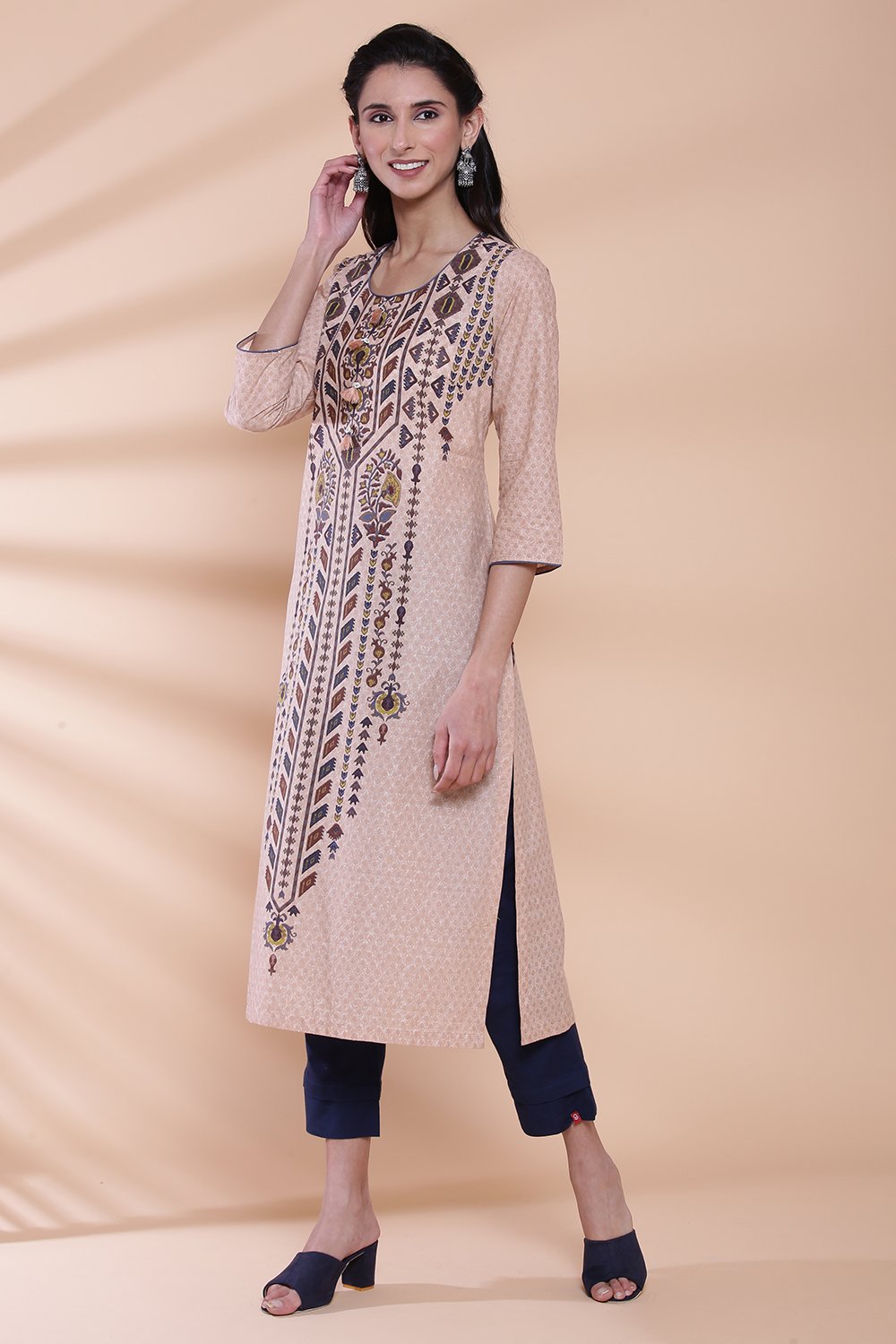 Blue Cotton Straight Printed Kurta image number 2