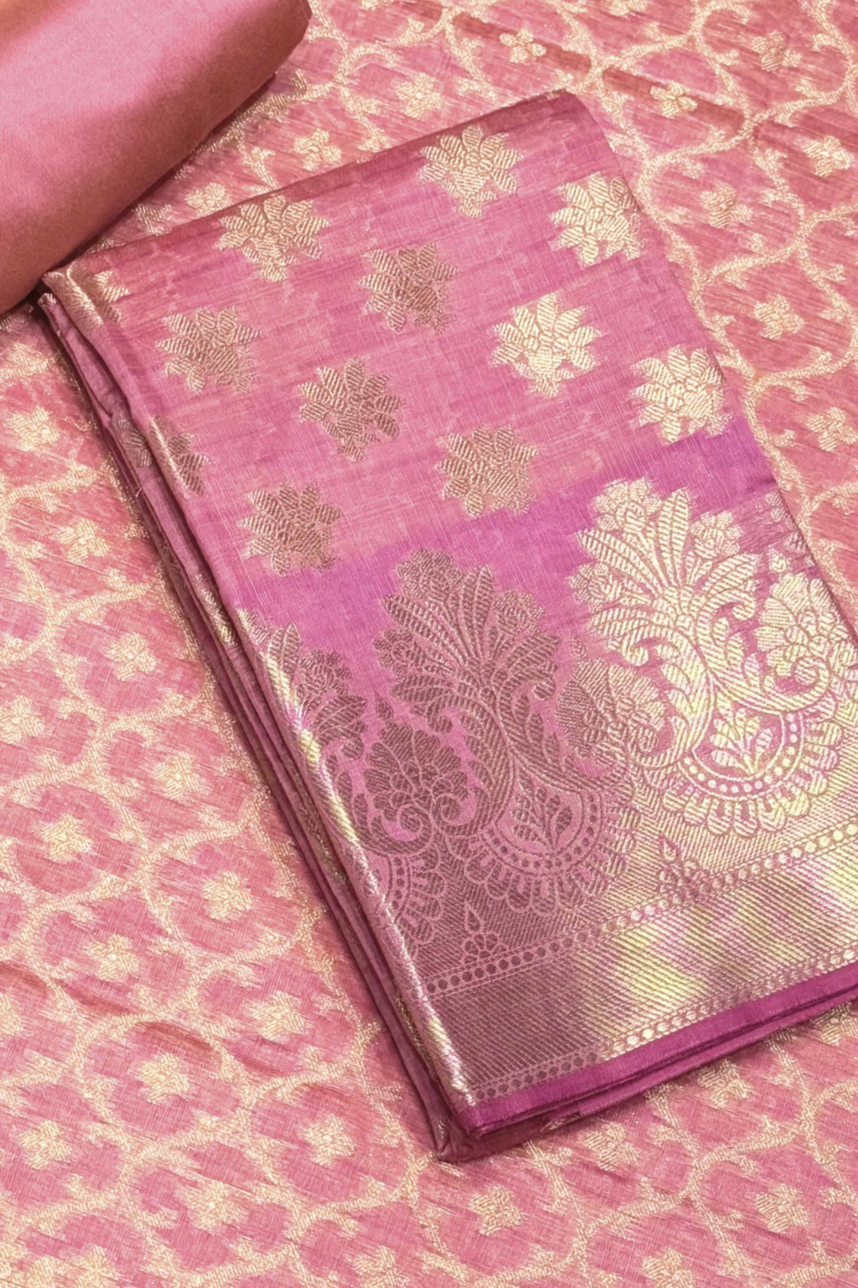 Pink Chanderi Silk Printed Unstitched Suit Set image number 1