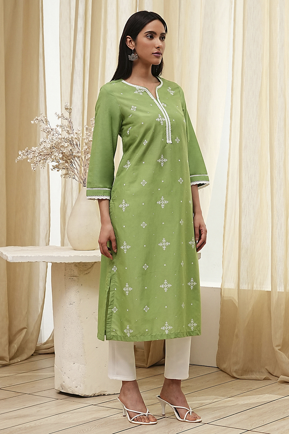 Light Pink Cotton Straight Kurta image number 4