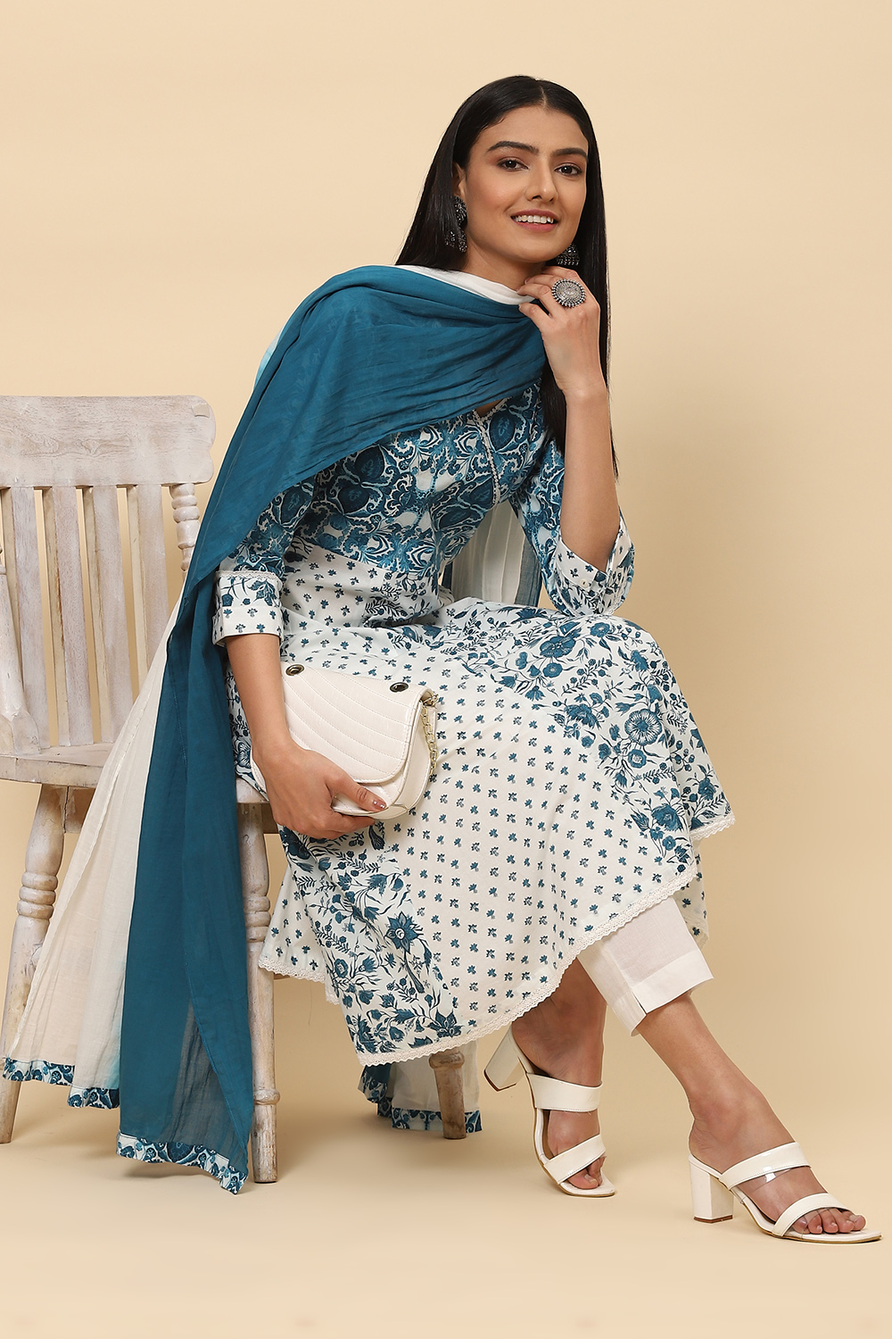 Blue White Cotton Flared Kurta Slim Pant Suit Set image number 7