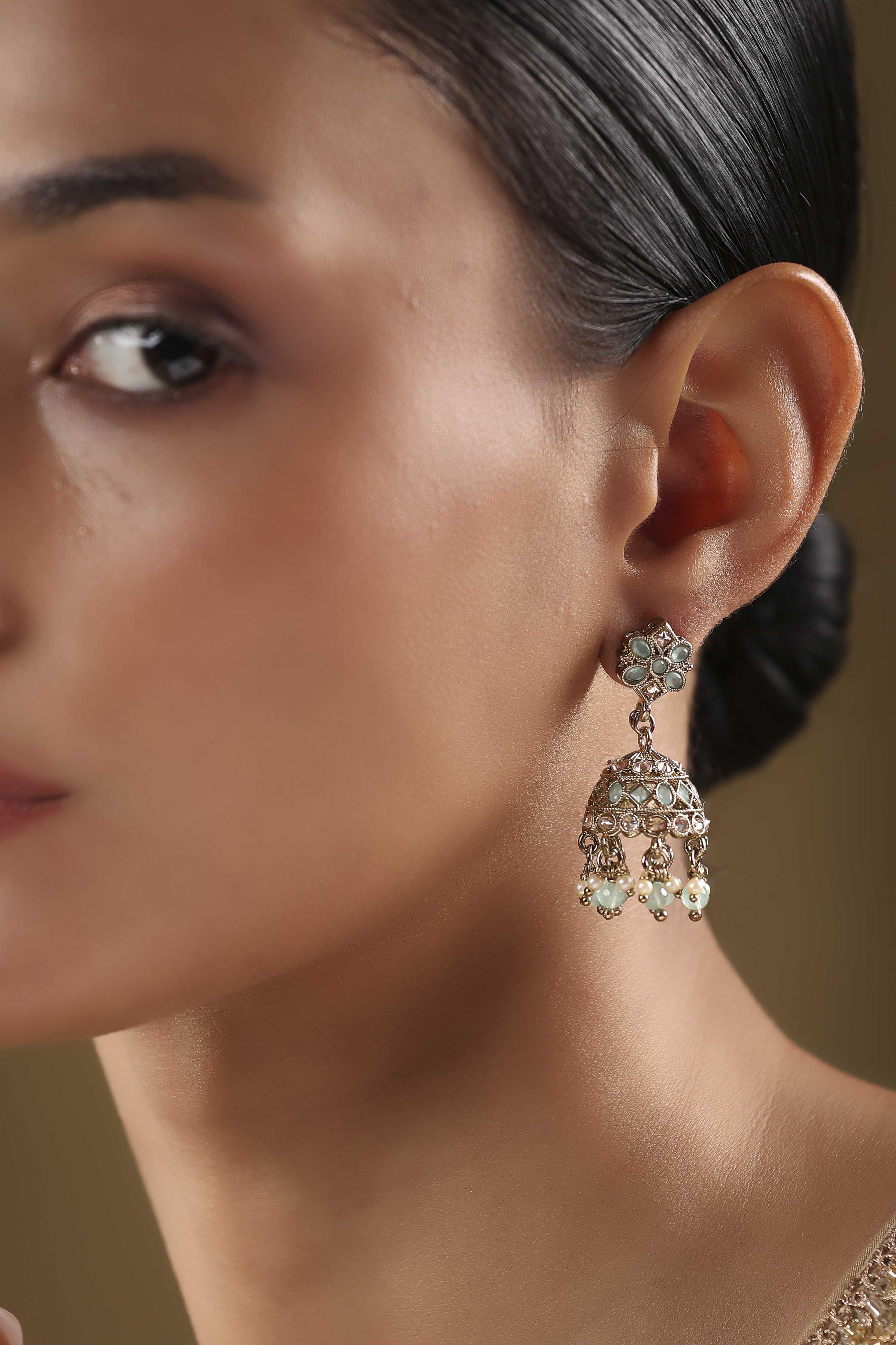 Mint Green Alloy Jhumka image number 1