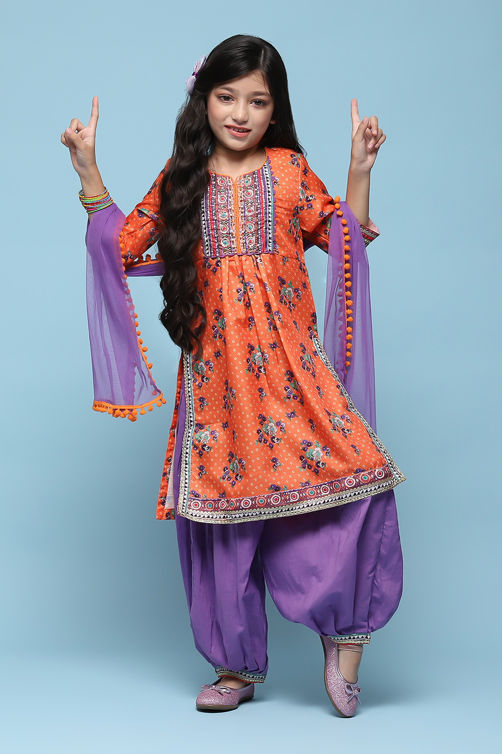 Orange Polyester Gathered Printed Suit Set image number 0