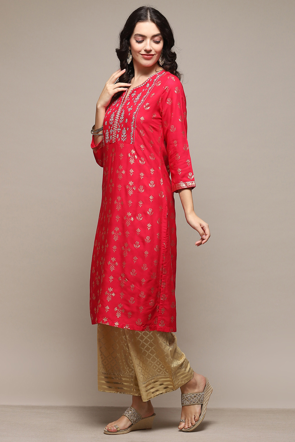 Navy Blue Rayon flax Straight Kurta Palazzo Suit Set image number 3