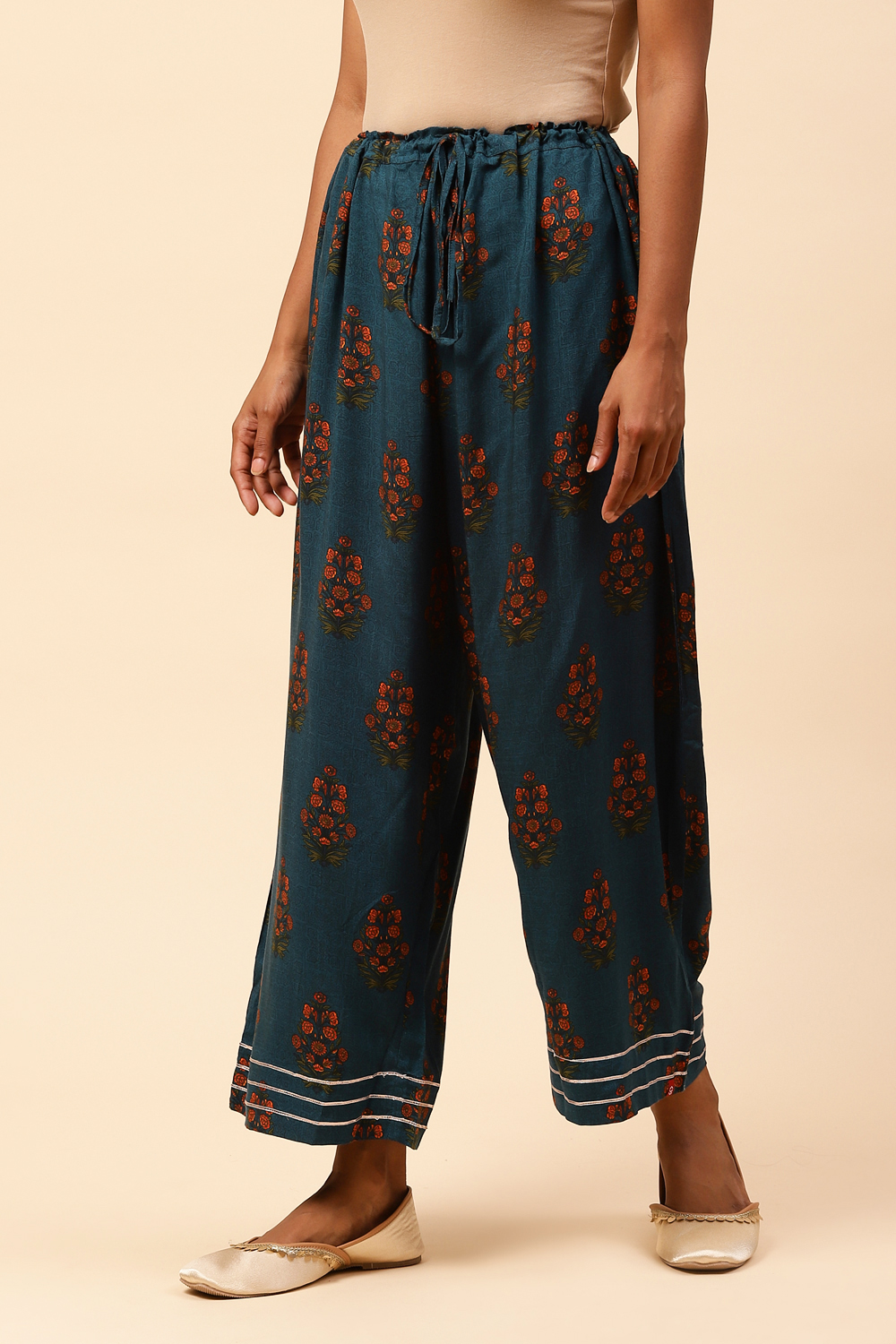 Teal Cotton Floral Palazzo Pants image number 3
