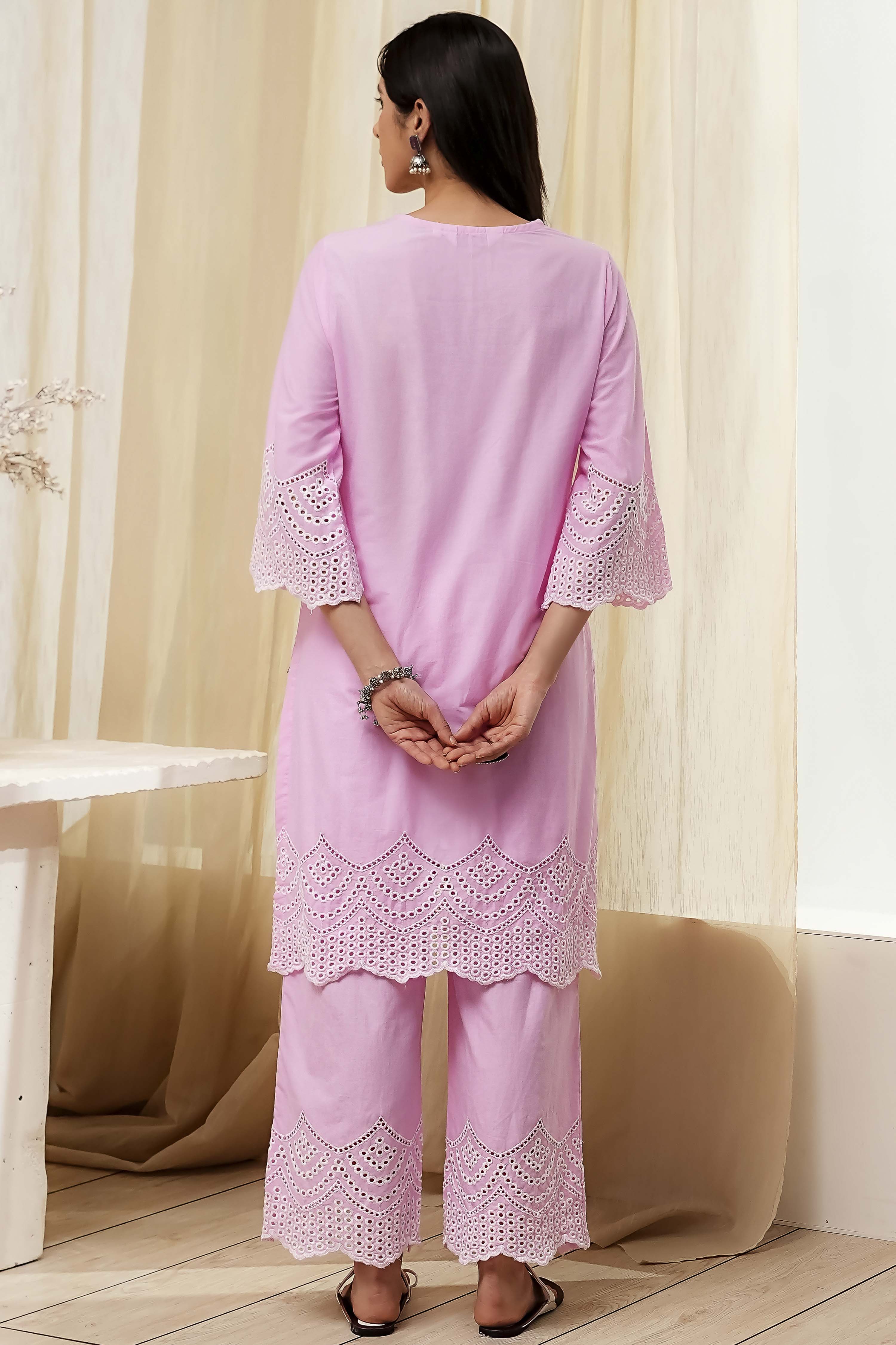 Pink Cotton Schiffli Straight Suit Set image number 4