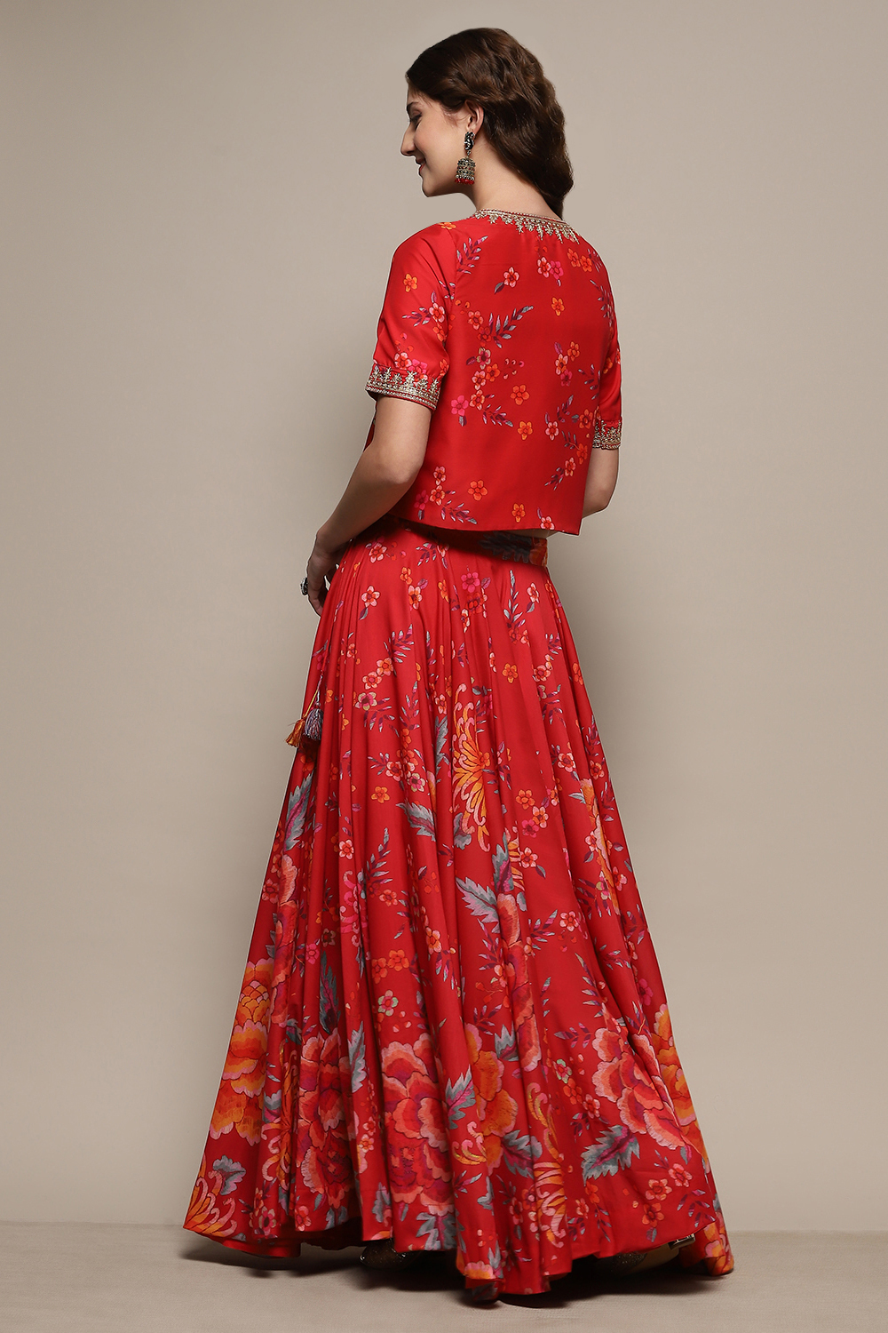 Red Floral Printed Flared Lehenga Set with Jacket image number 4
