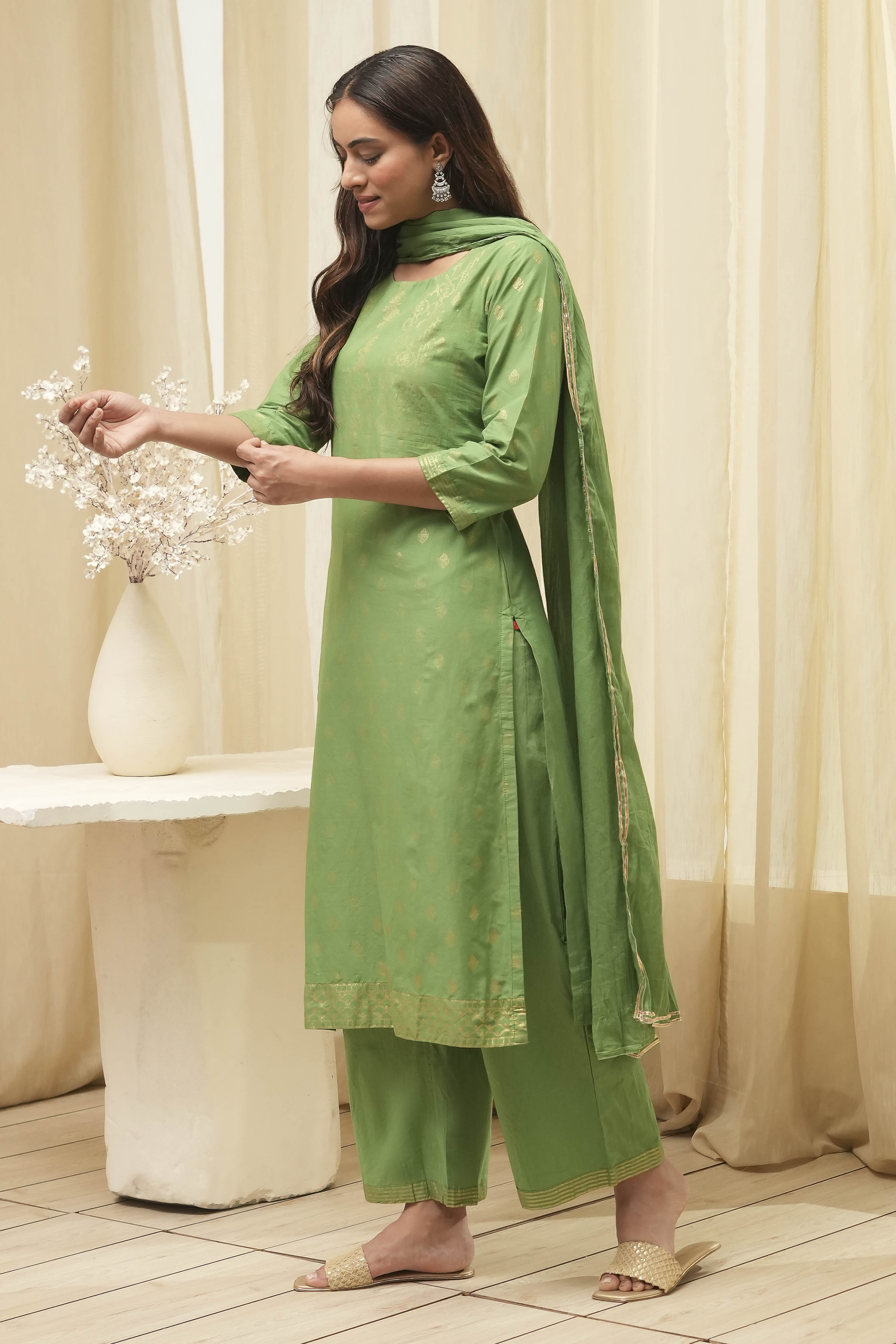 Blue Cotton Straight Kurta Palazzo Suit Set image number 3