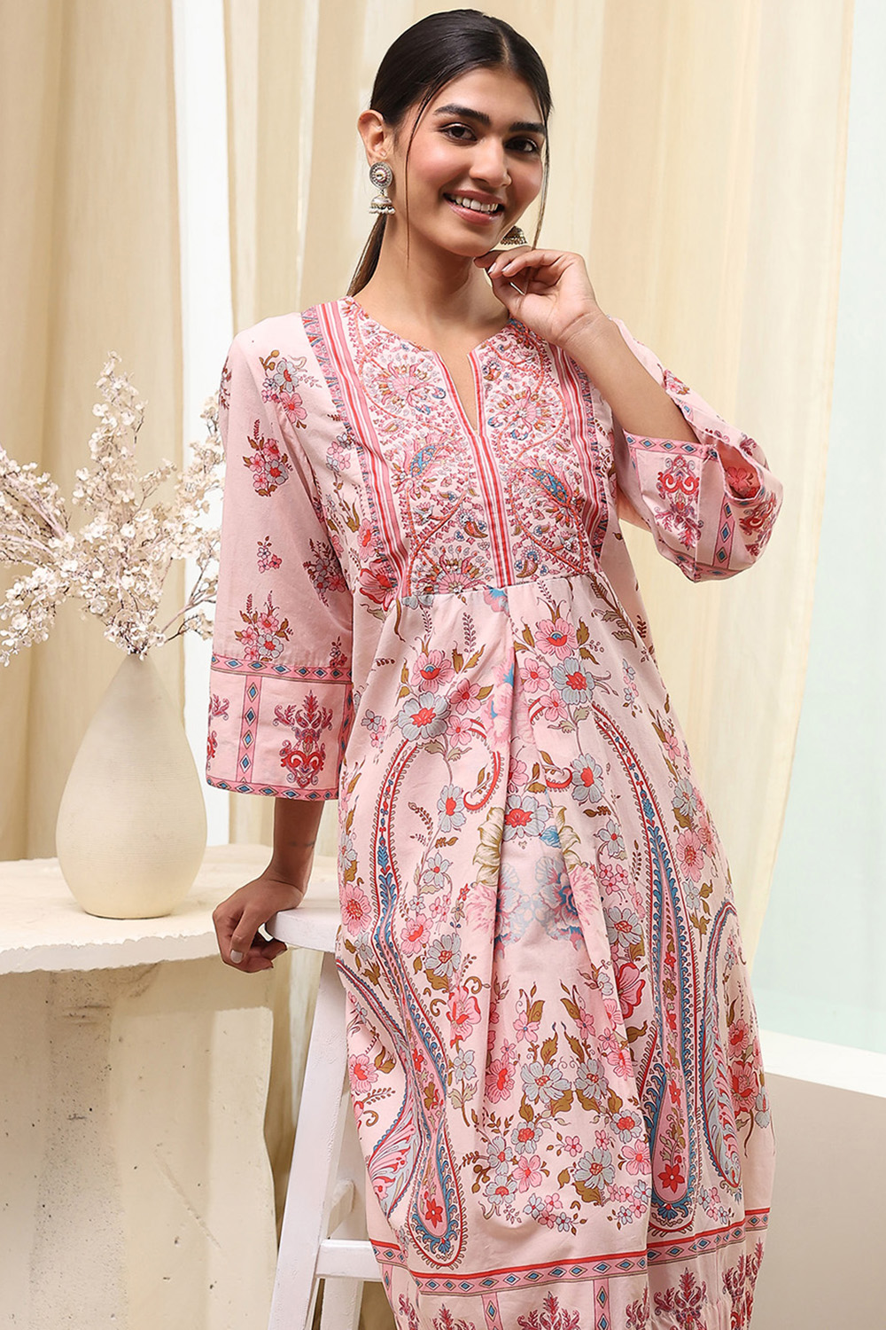 Peach-Colored Cotton Floral A-Line Kurta Set image number 7
