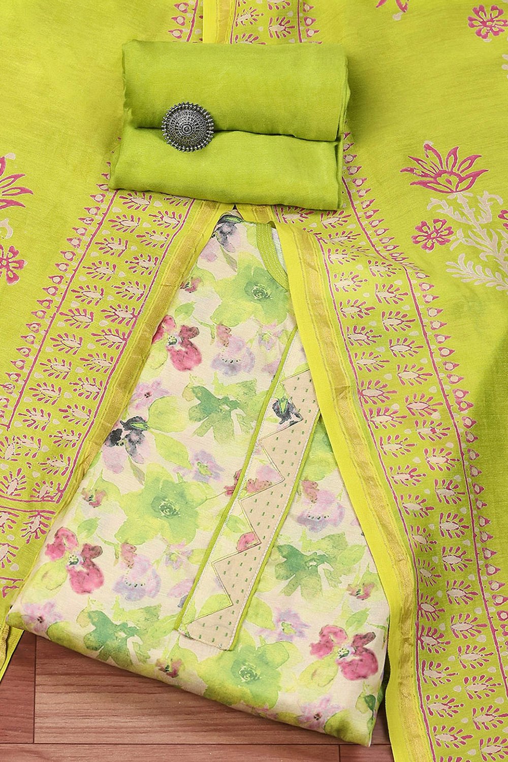 Green Cotton Hand Block Print Unstitched Suit Set image number 0