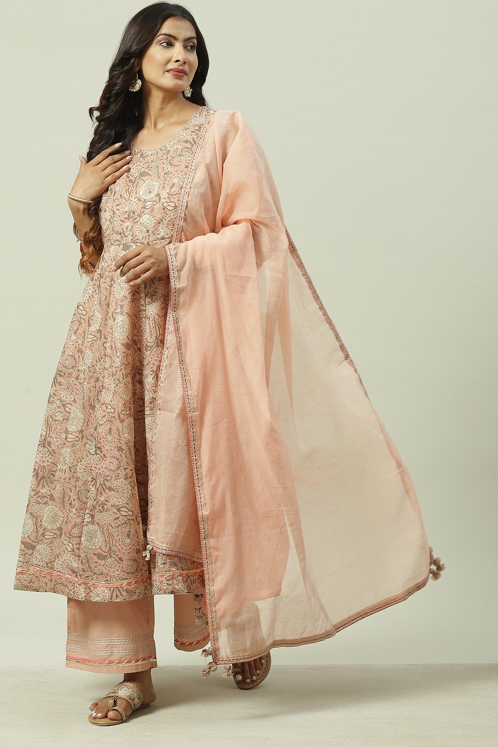 Peach Art Silk Flared Kurta Palazzo Suit Set image number 5