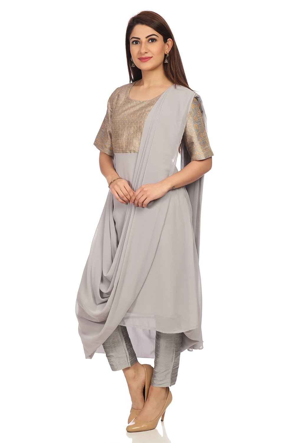 Grey Art Silk Anarkali Kurta Slim Pant Suit Set image number 2