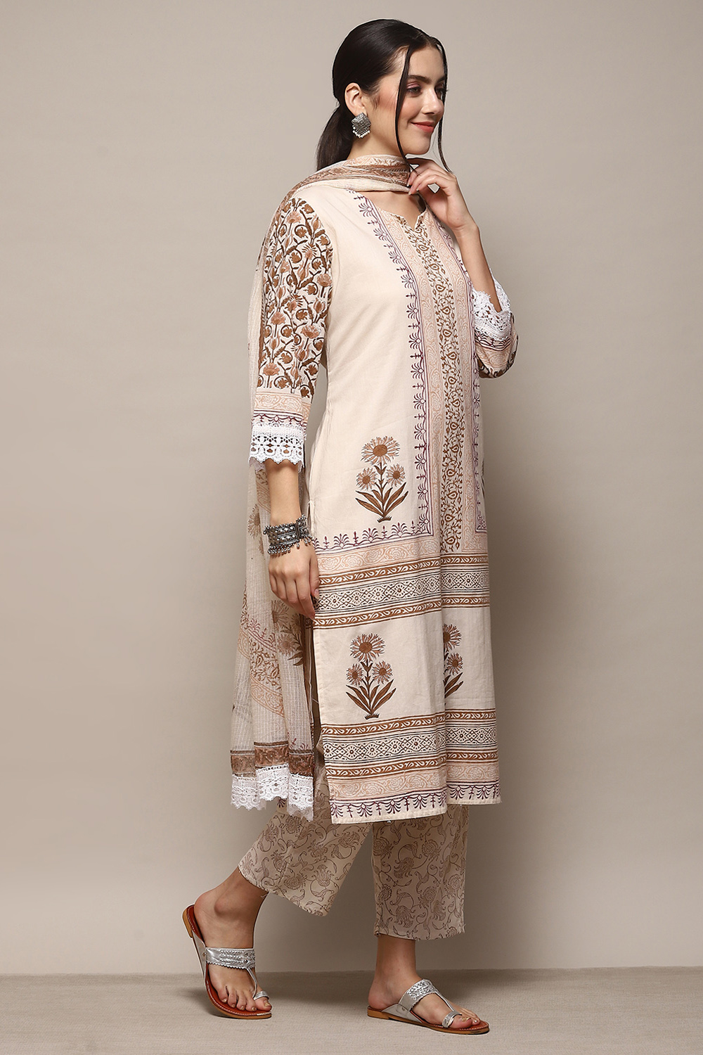 Beige Cotton Machine Embroidered Unstitched Suit Set image number 7