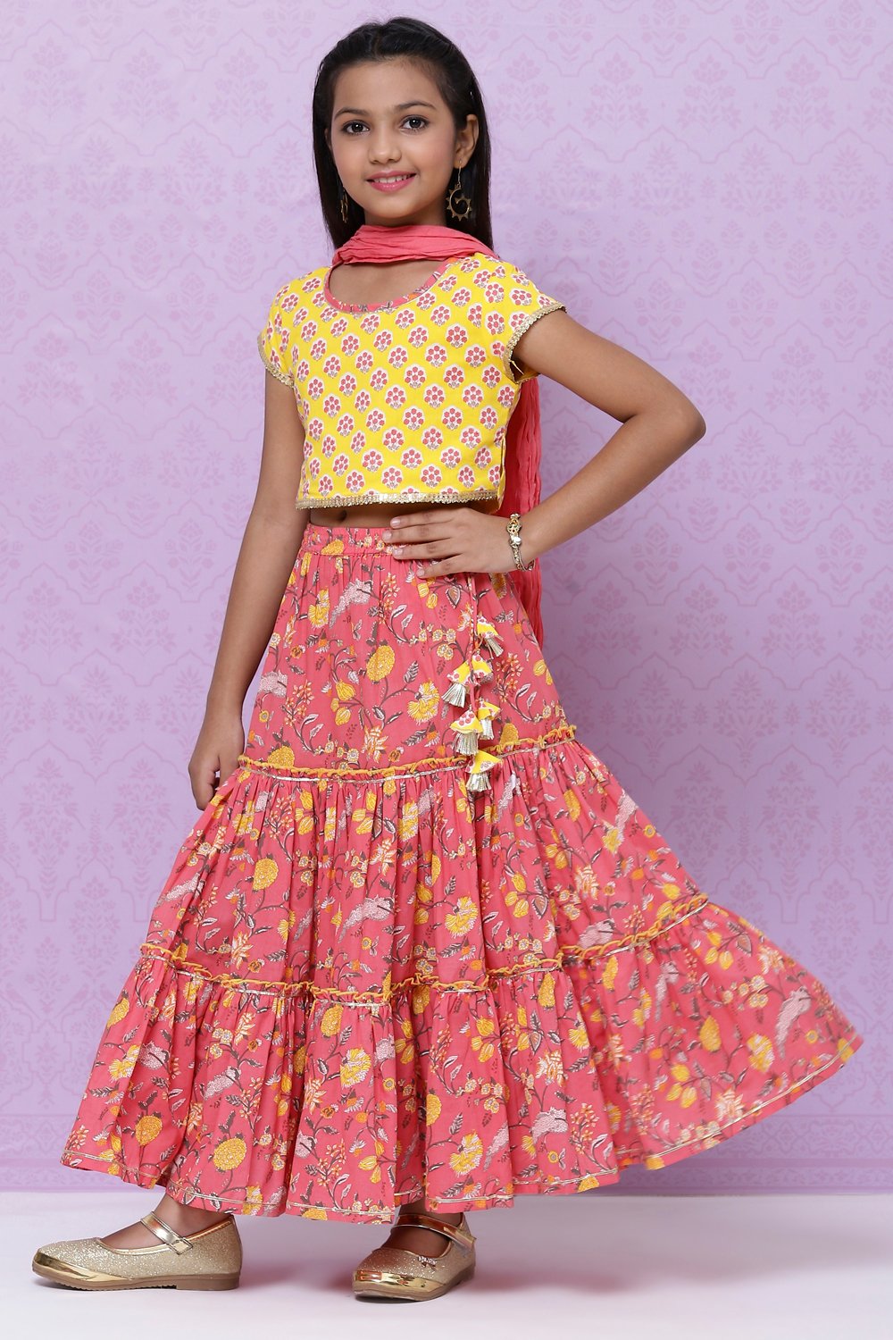 Yellow And Pink Cotton Girls Lehenga Set image number 0