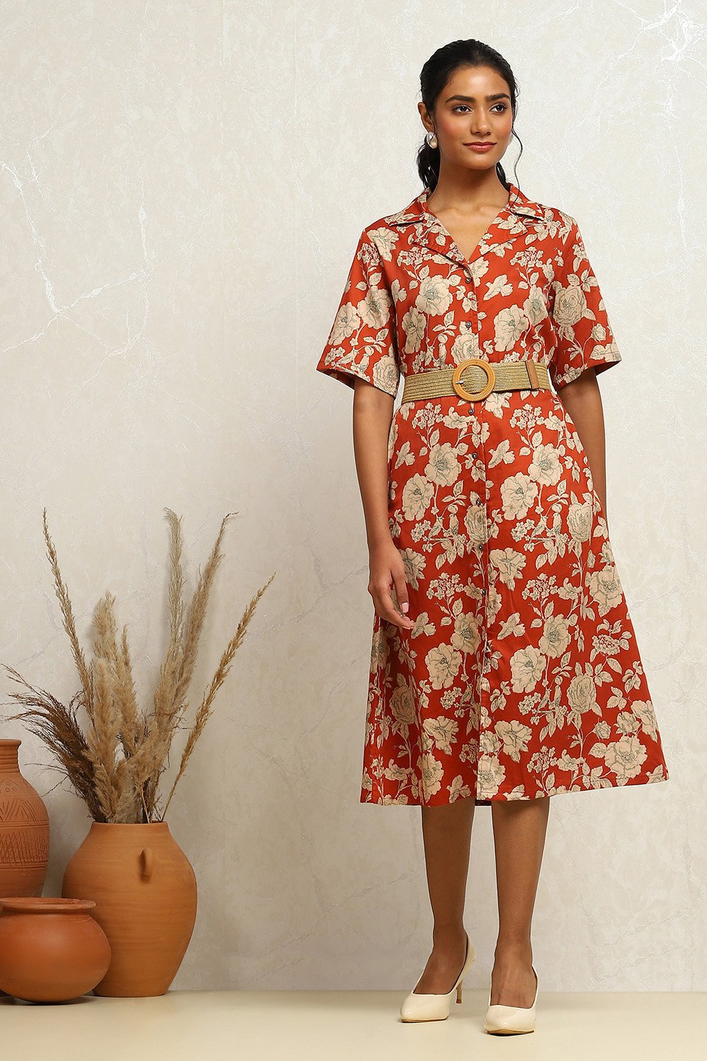 Dark Green Pure Cotton Floral Printed Straight Dress image number 5