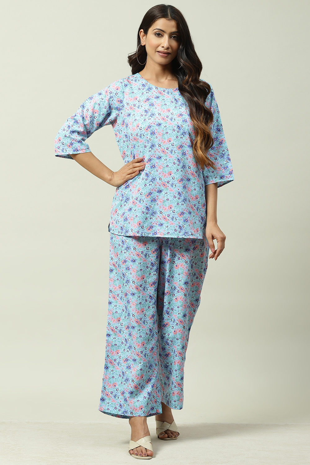 Sky Blue Printed Straight Suit Set image number 0