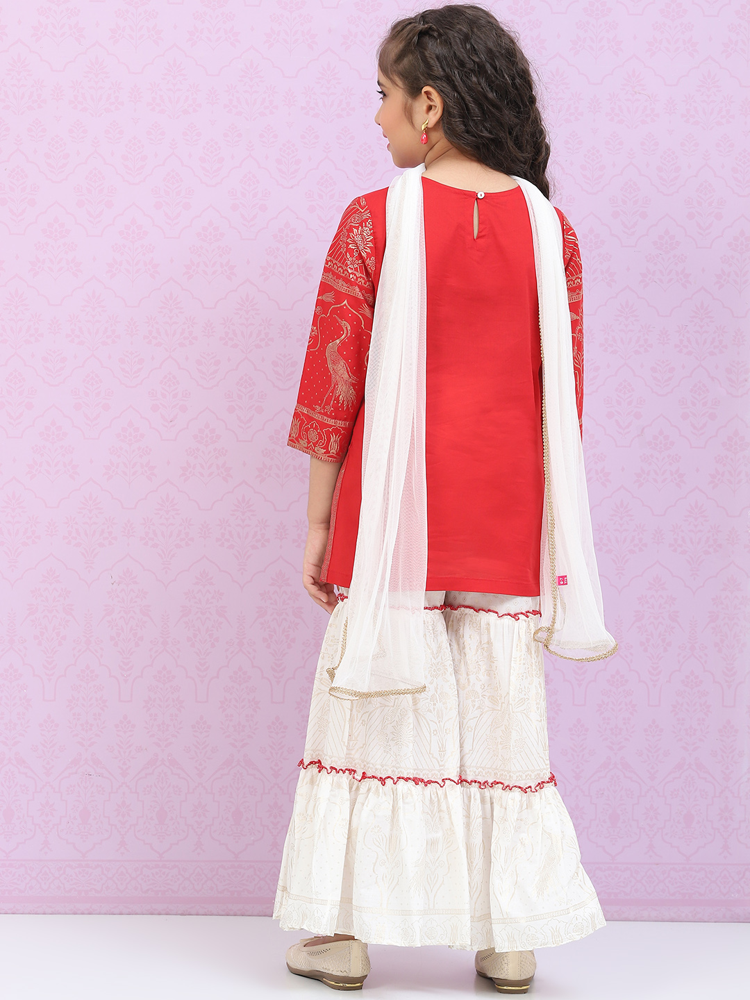 White & Red Cotton Straight Kurta Sharara Suit Set image number 4