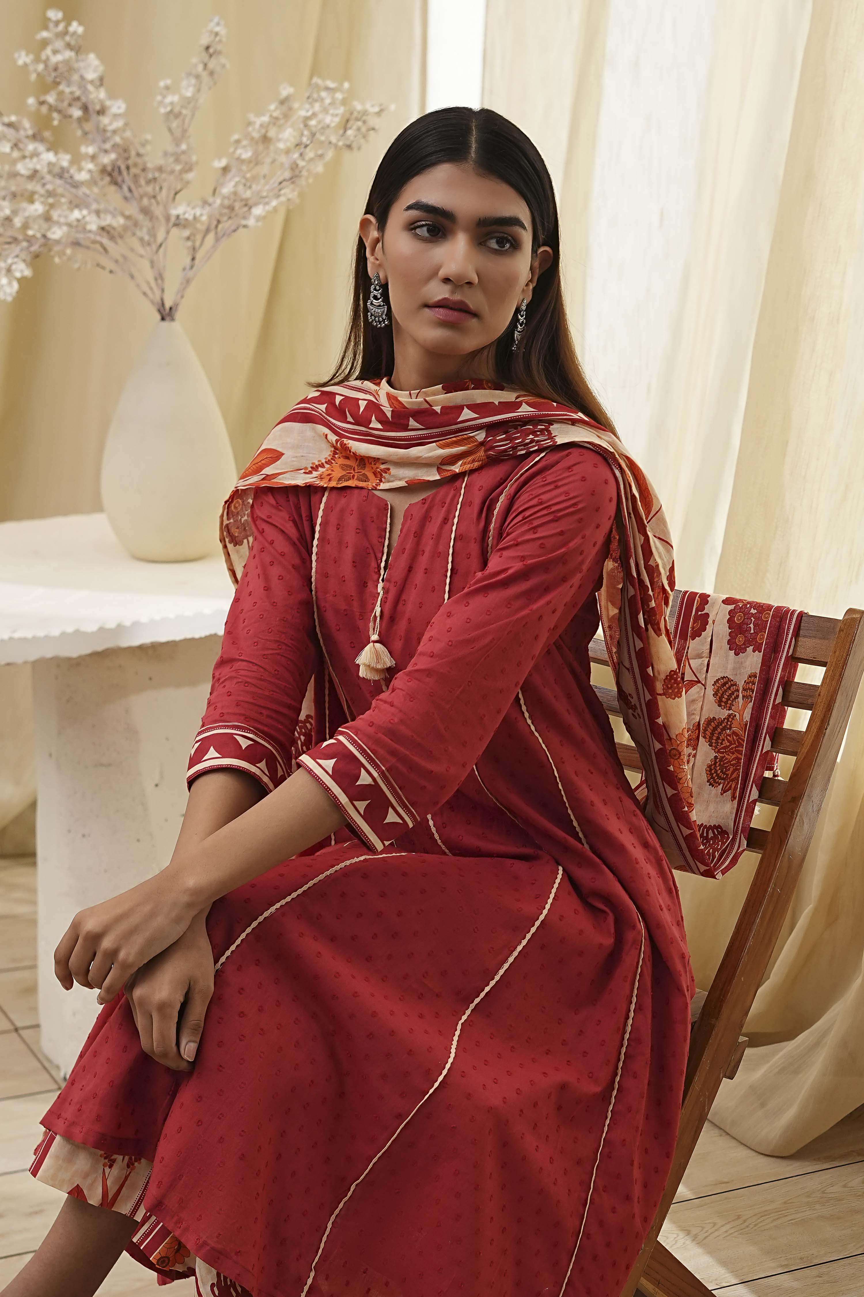 Rust Cotton Yarn-Dyed Kalidar Suit Set image number 7