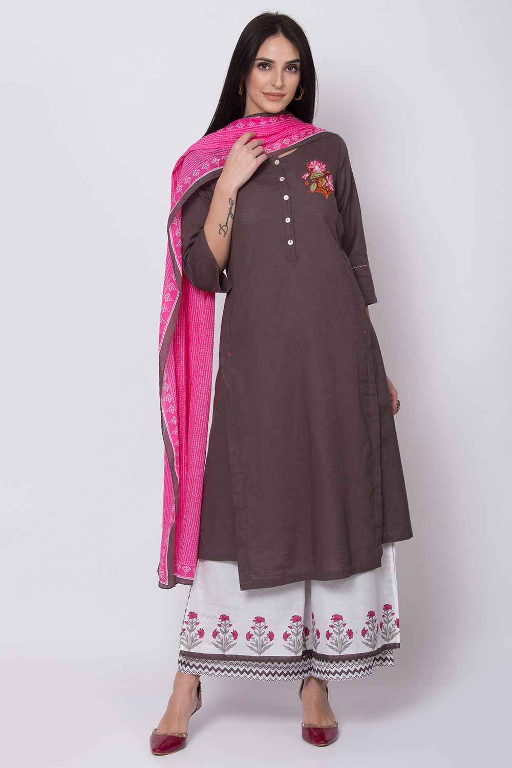 Charcoal Cotton A-Line Kurta Palazzo Suit Set image number 0