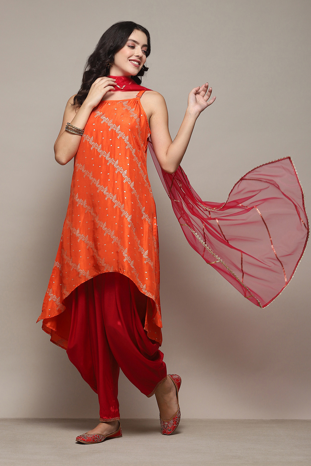Buy Orange Viscose Shantoon Kurta Dhoti Salwar Suit Set Kurta