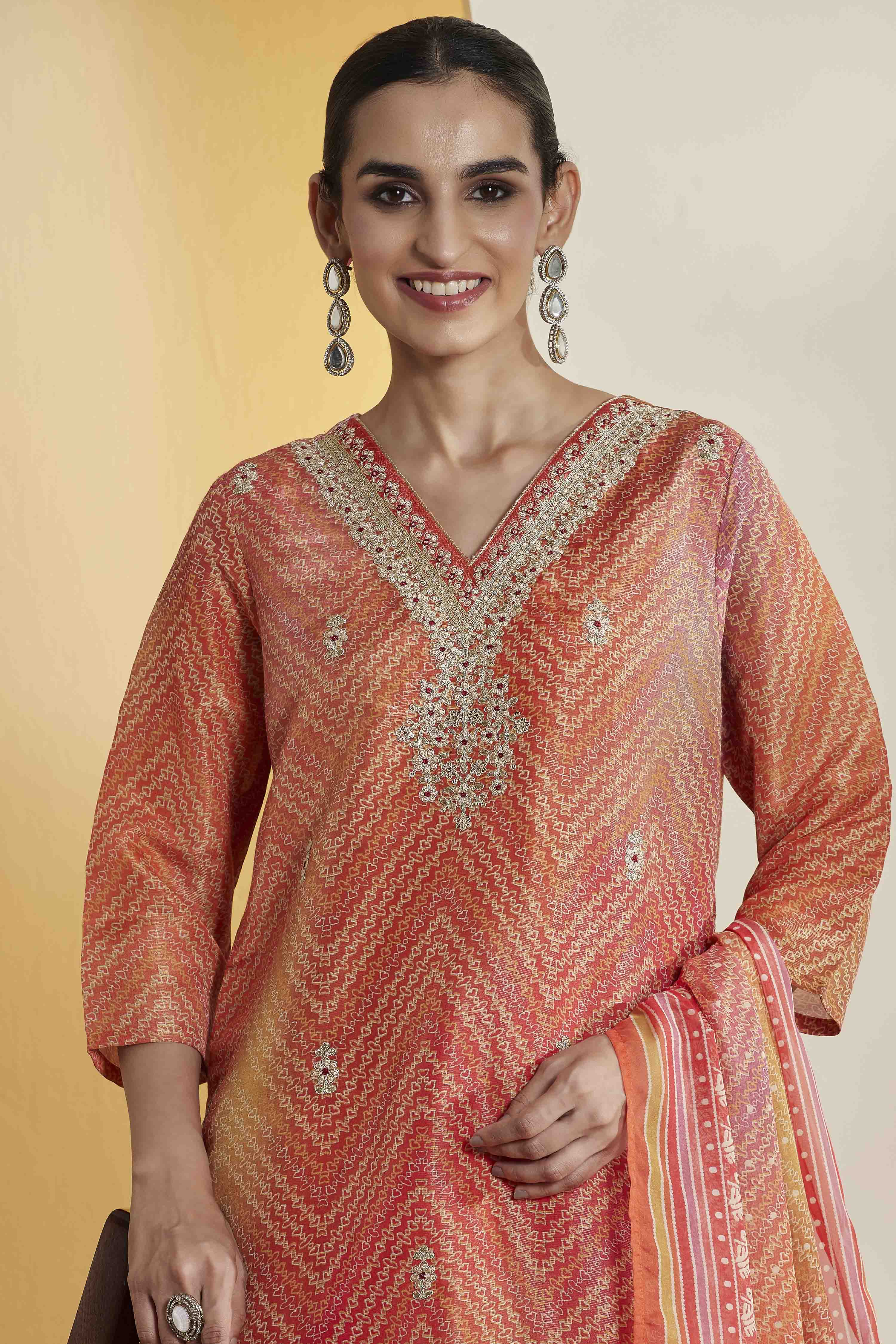 Orange Polyester Straight Printed Suit Set image number 1