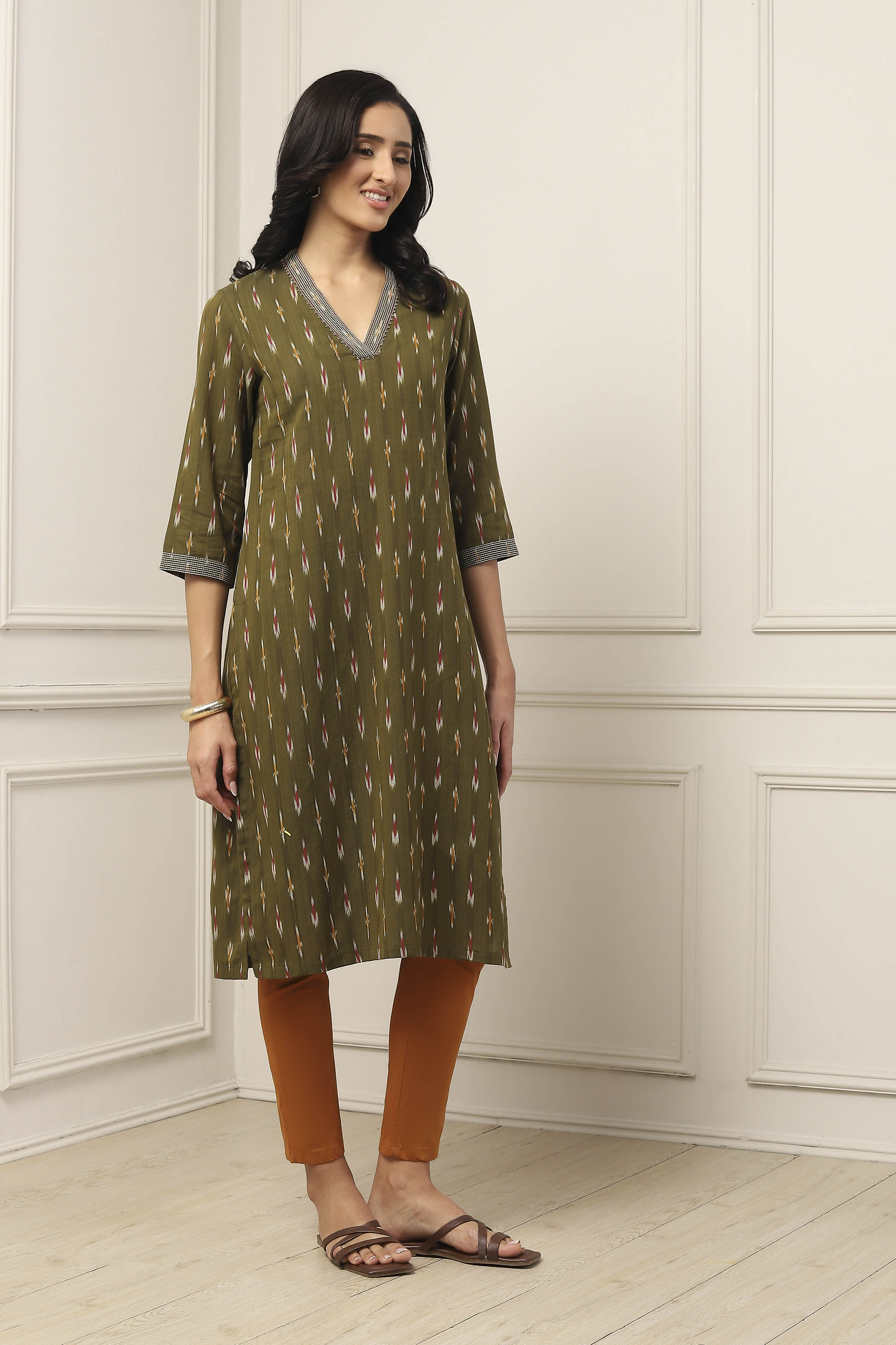Green Cotton Printed Straight Kurta image number 4