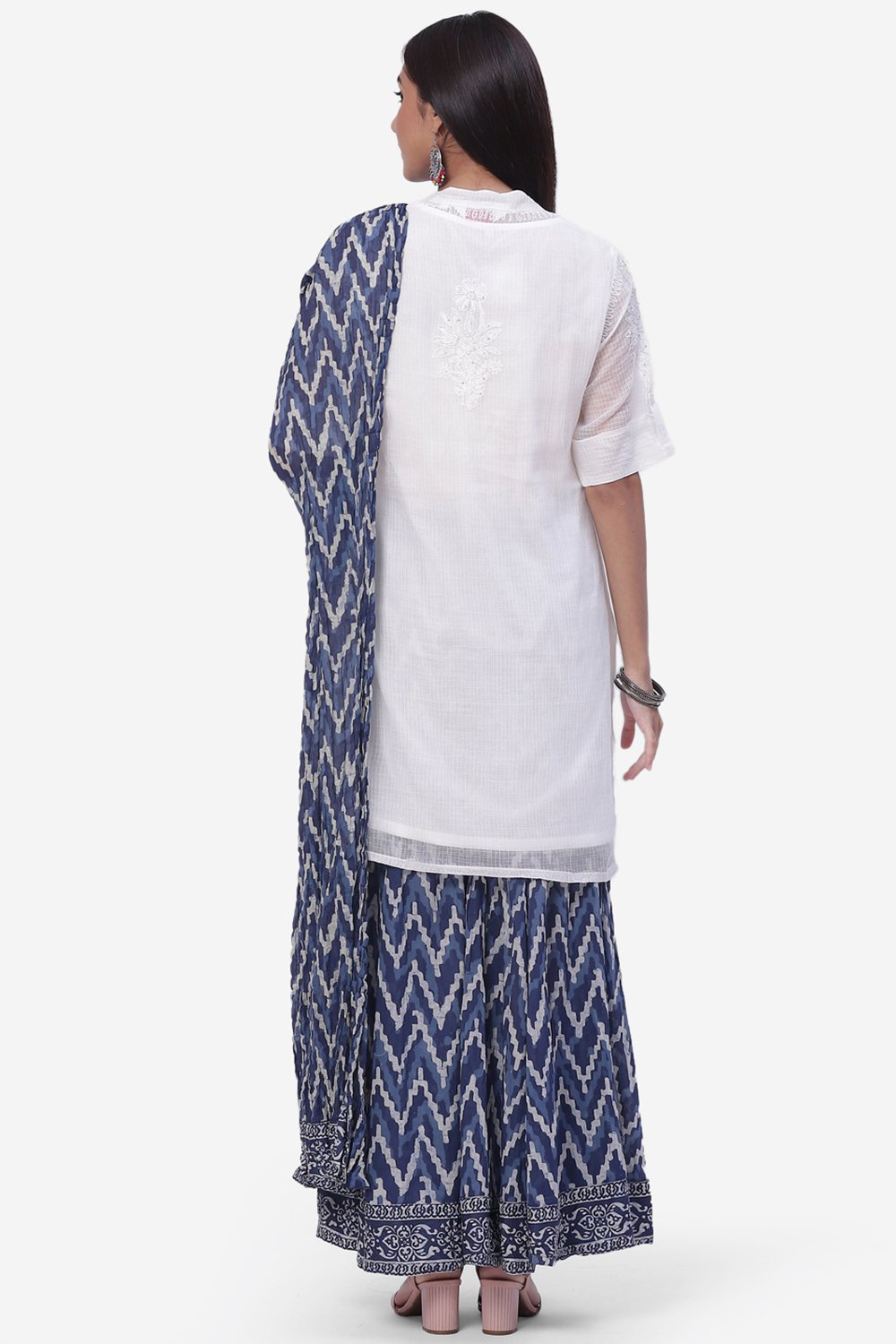 White And Indigo Cotton Straight Kurta Garara Suit Set image number 4