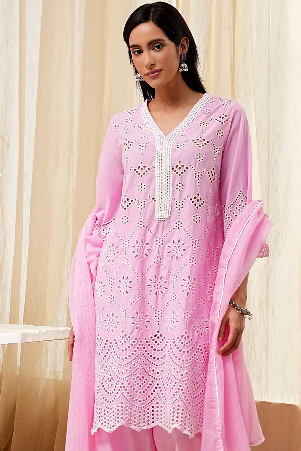 Pink Cotton Schiffli Straight Suit Set image number 7